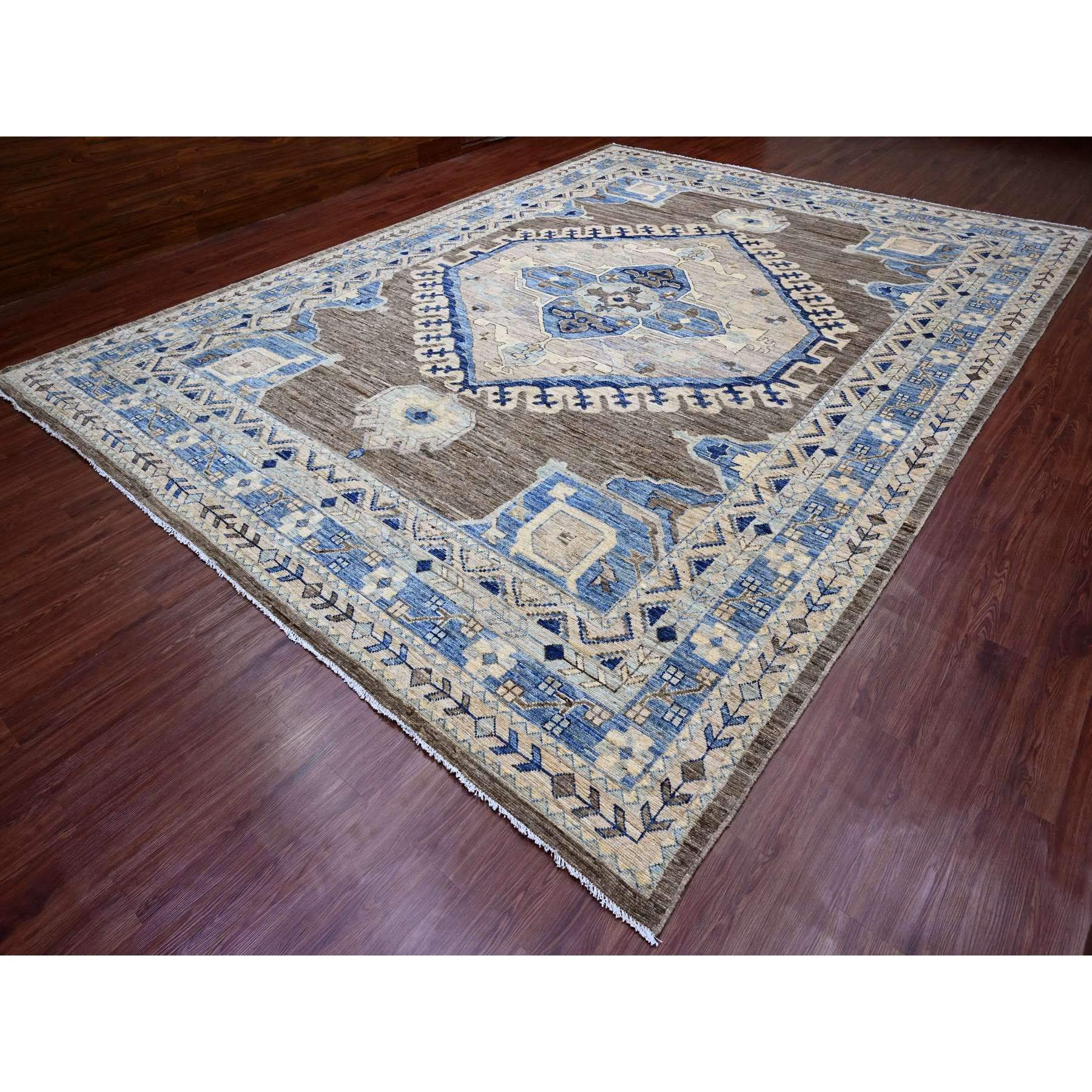 11'8"x15'6" Walnut Brown, Afghan Peshawar with Anatolian Village Inspired Design, High Mountain Wool, Hand Knotted, Oversized, Oriental Rug Sh20538