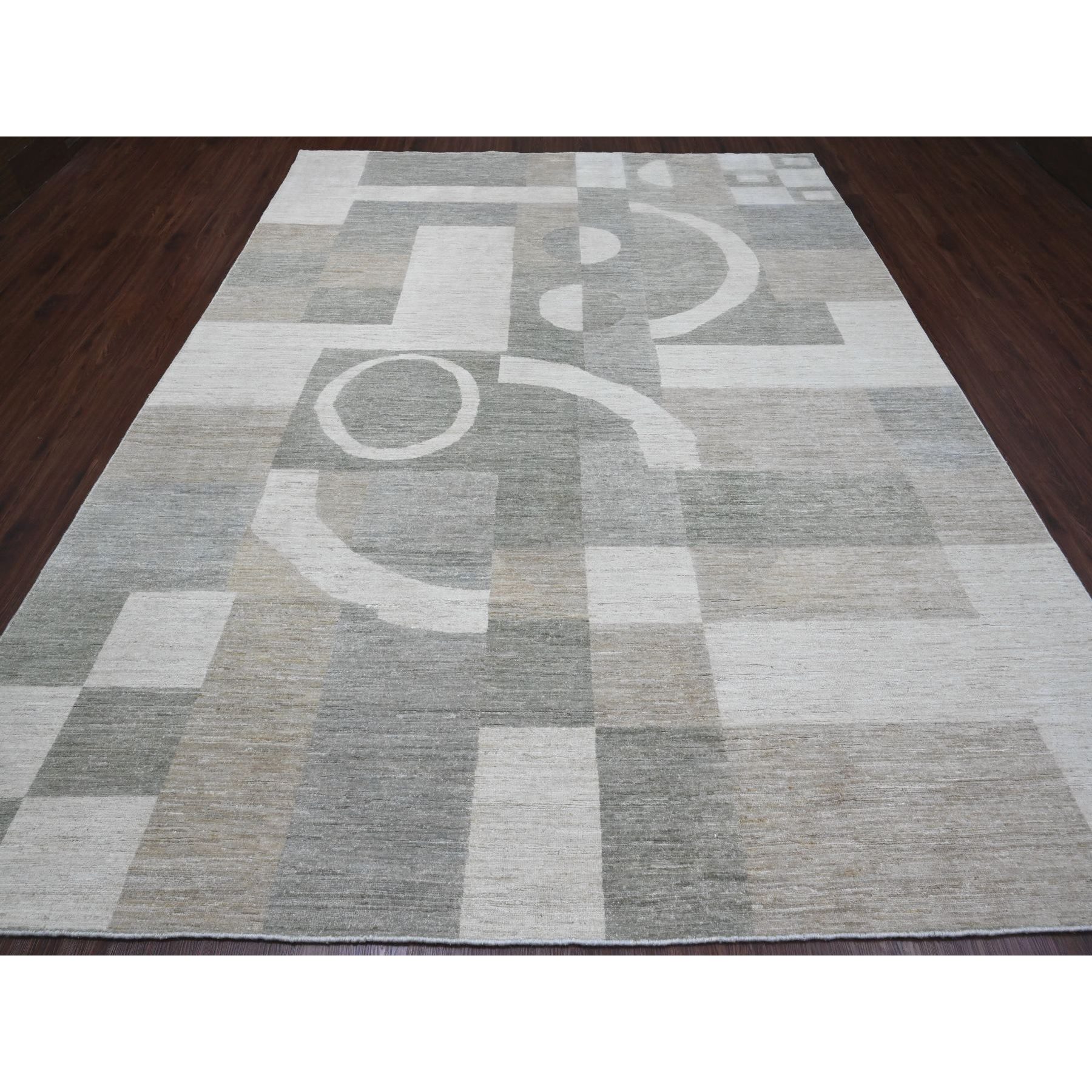 8'9"x11'6" Shades of Gray, Bauhaus Inspired Design, Geometric and Line Pattern, Hand Knotted, 100% Wool, Oriental Rug Sh20540