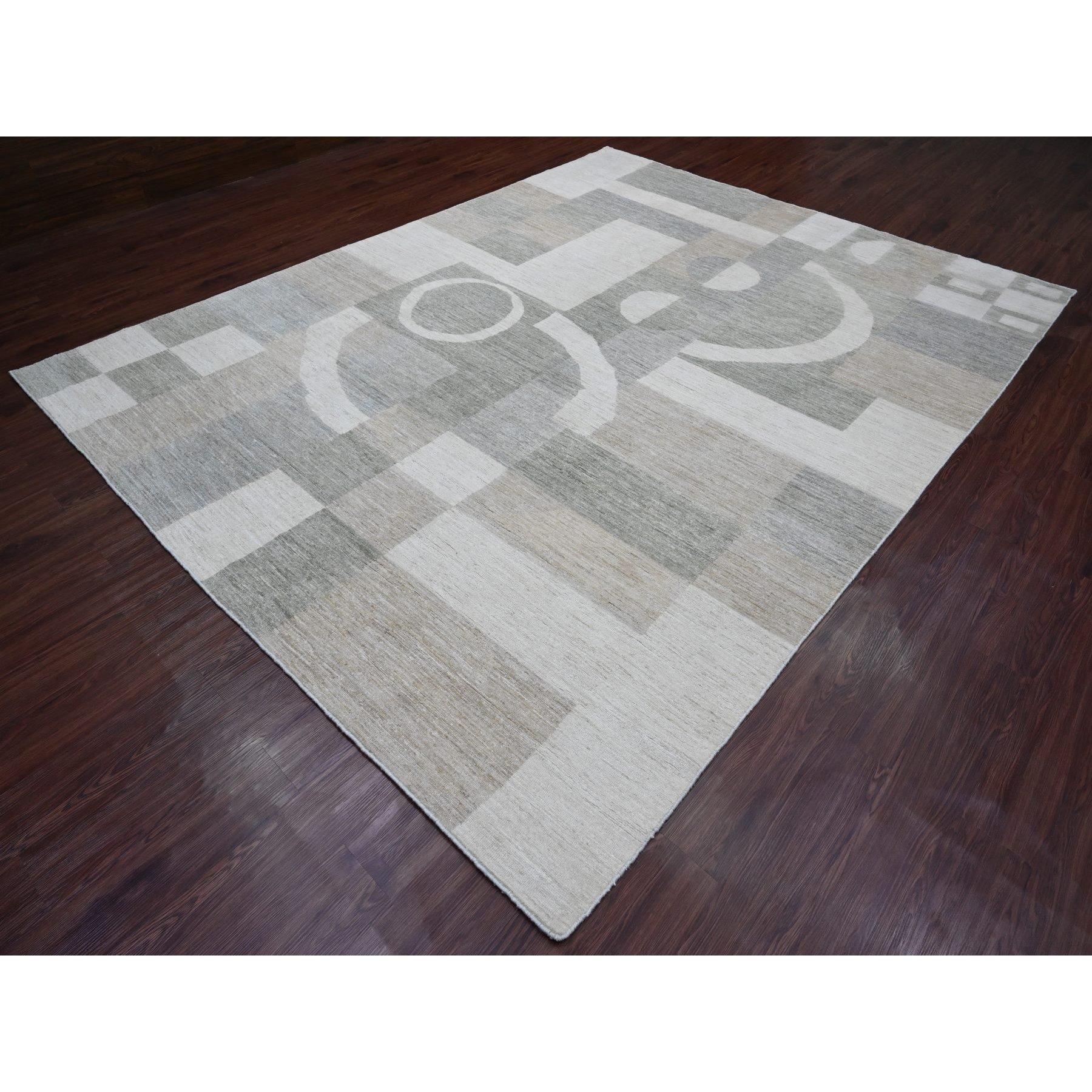 8'9"x11'6" Shades of Gray, Bauhaus Inspired Design, Geometric and Line Pattern, Hand Knotted, 100% Wool, Oriental Rug Sh20540