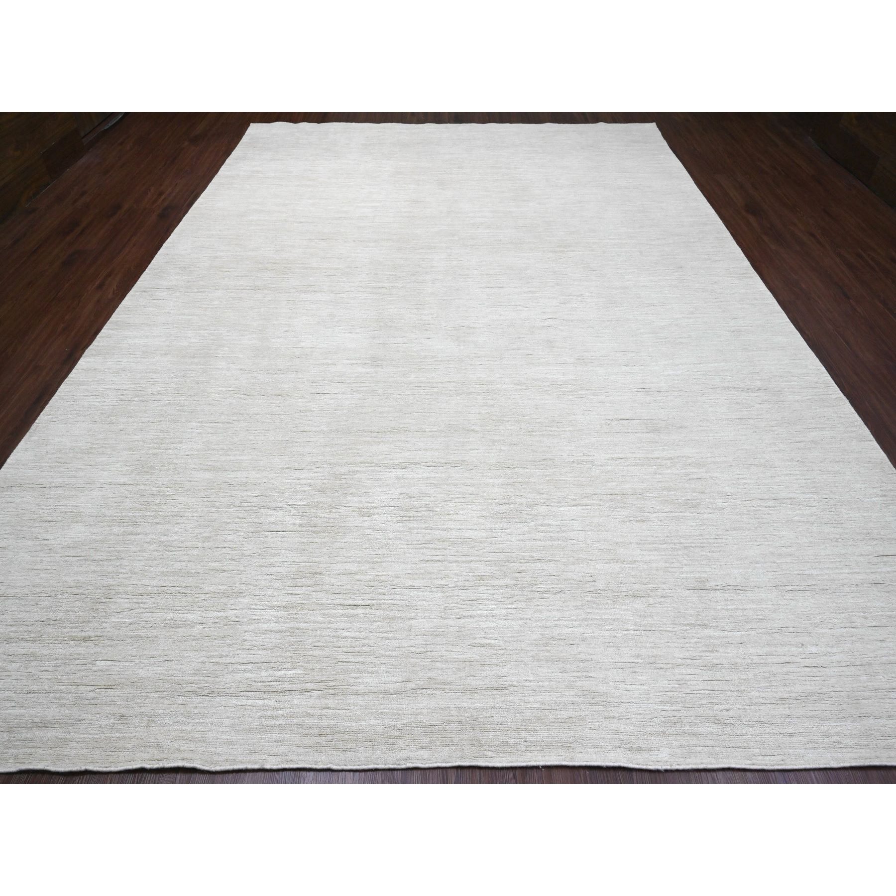 9'9"x13'6" Pearl White, Plain Solid Pattern, Hand Knotted, Hand Spun Ghazni Wool, Lush and Plush, Oriental Rug Sh20541