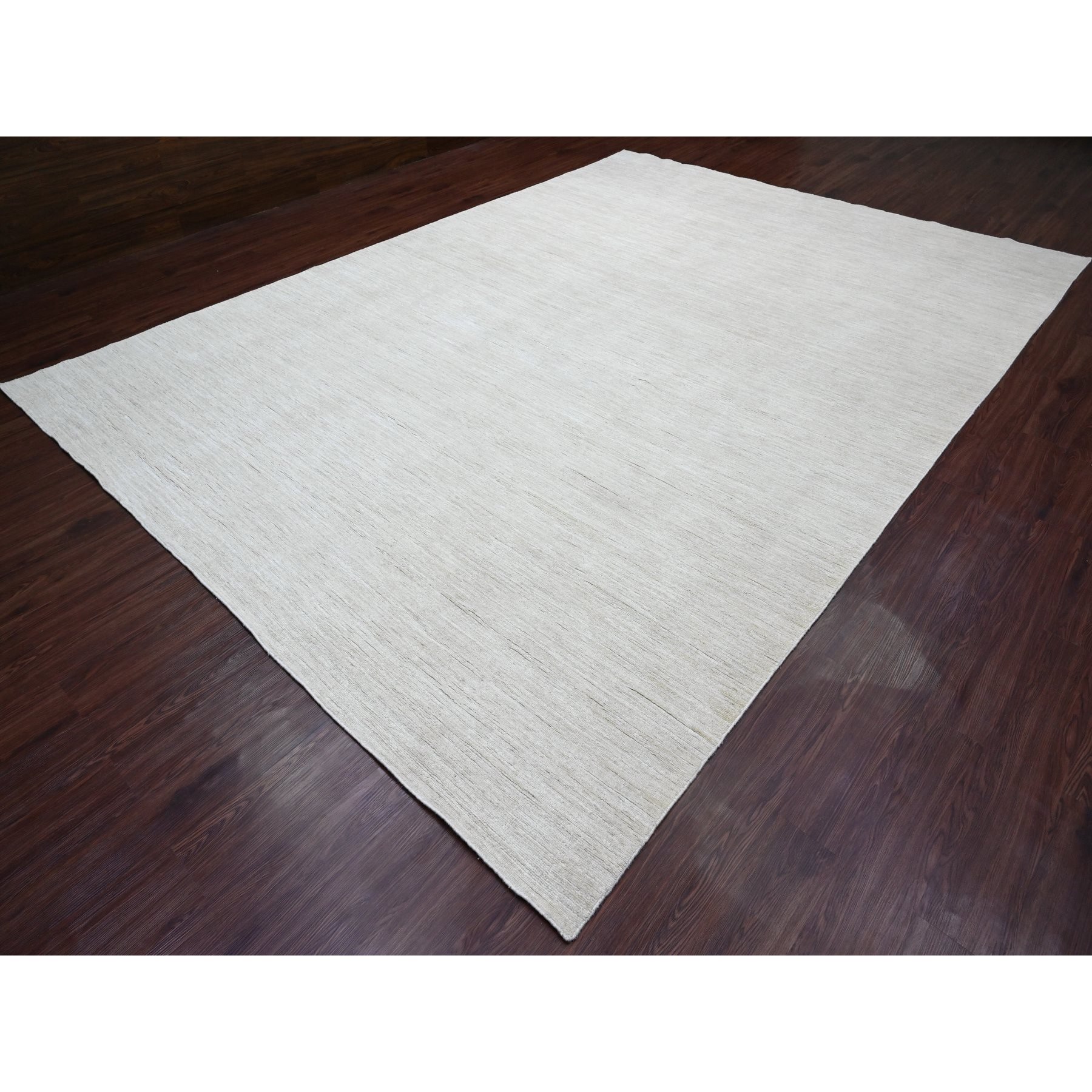 9'9"x13'6" Pearl White, Plain Solid Pattern, Hand Knotted, Hand Spun Ghazni Wool, Lush and Plush, Oriental Rug Sh20541