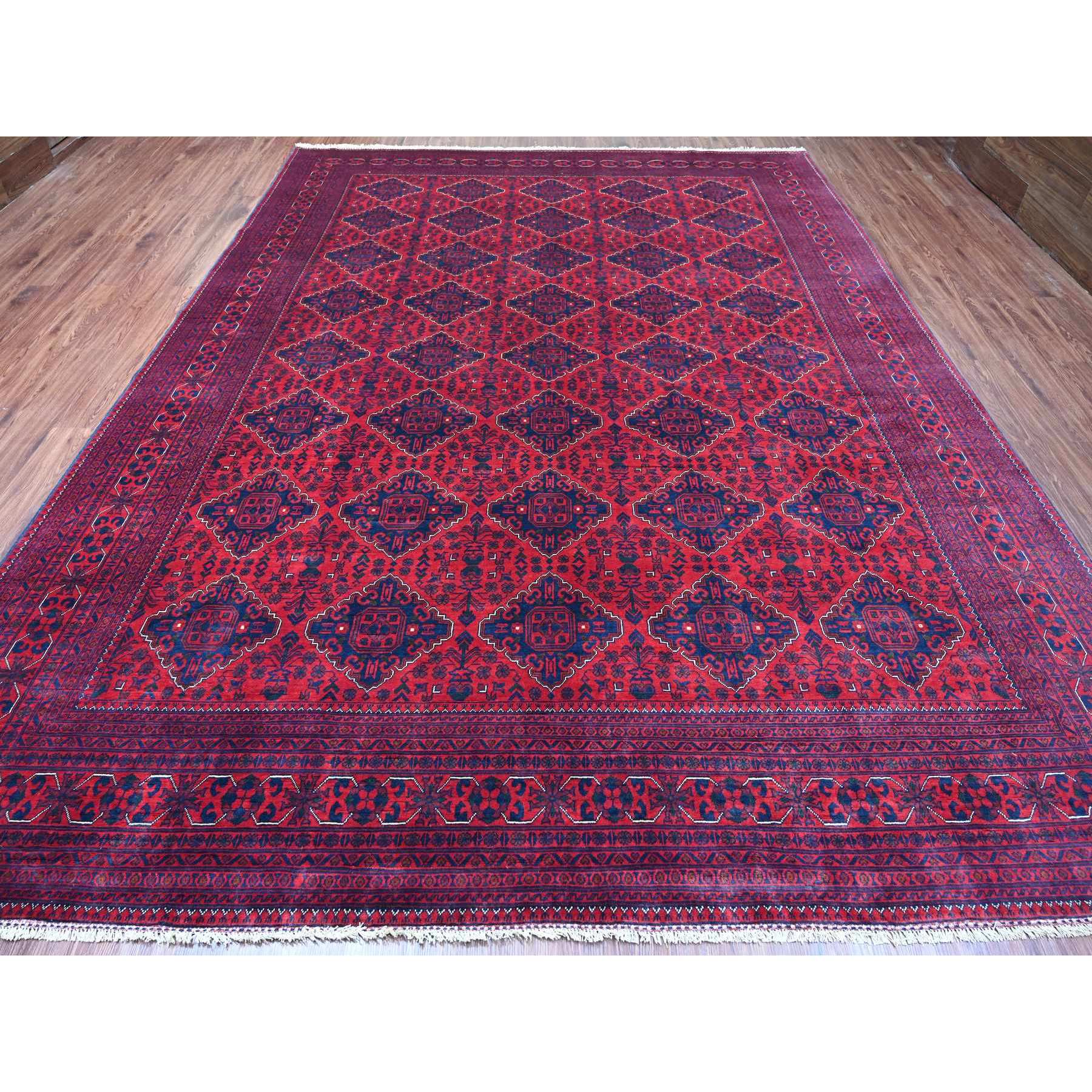 9'9"x12'9" Deep and Saturated Red, Afghan Khamyab with Geometric Design, Veggie Dyes, 100% Wool, Hand Knotted, Oriental Rug Sh20544
