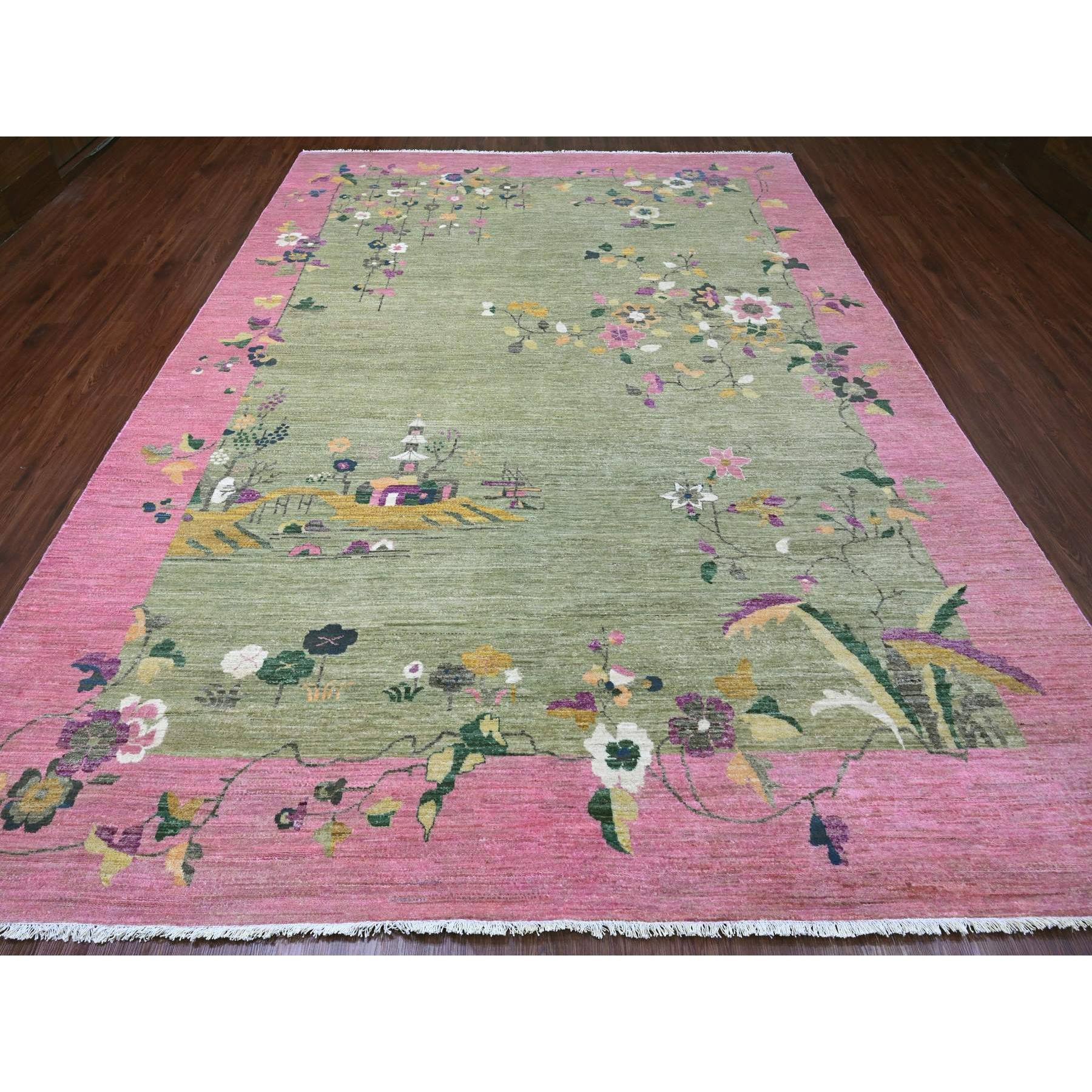 9'x12'3" Swamp Green, Chinese Art Deco Inspired Peshawar, Hand Knotted, Vegetable Dyes, Pure Wool, Oriental Rug Sh20545