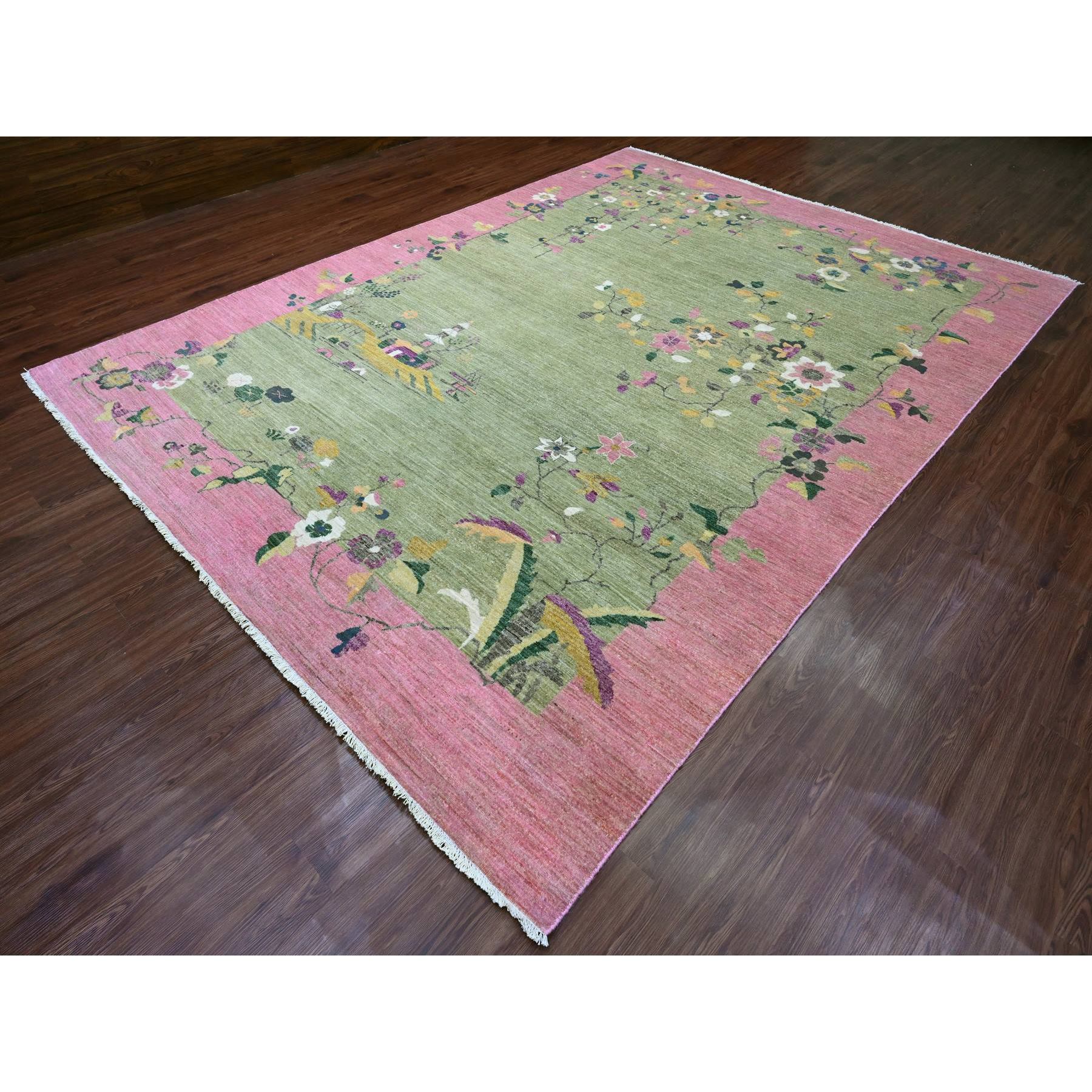 9'x12'3" Swamp Green, Chinese Art Deco Inspired Peshawar, Hand Knotted, Vegetable Dyes, Pure Wool, Oriental Rug Sh20545