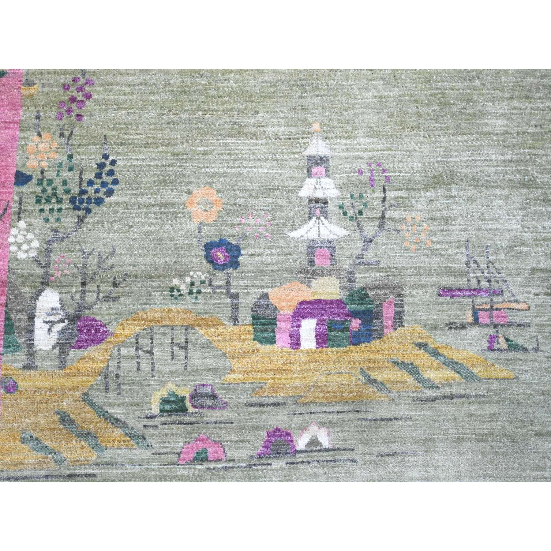 9'x12'3" Swamp Green, Chinese Art Deco Inspired Peshawar, Hand Knotted, Vegetable Dyes, Pure Wool, Oriental Rug Sh20545