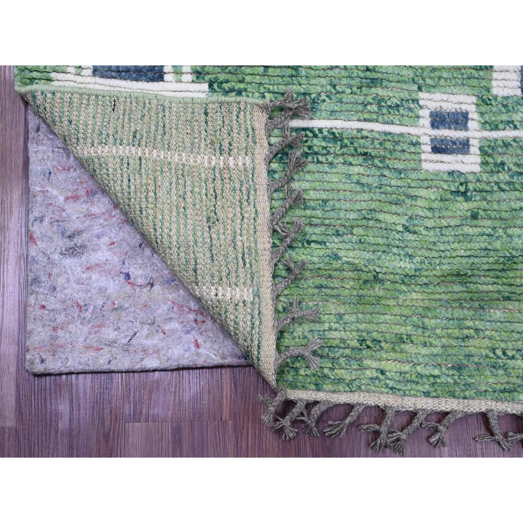 5'1"x12'3" Fern Green, Moroccan Weave with Line Design, Tone on Tone, Soft Wool, Hand Knotted, Textured Pile, Wide Runner, Oriental Rug Sh20548