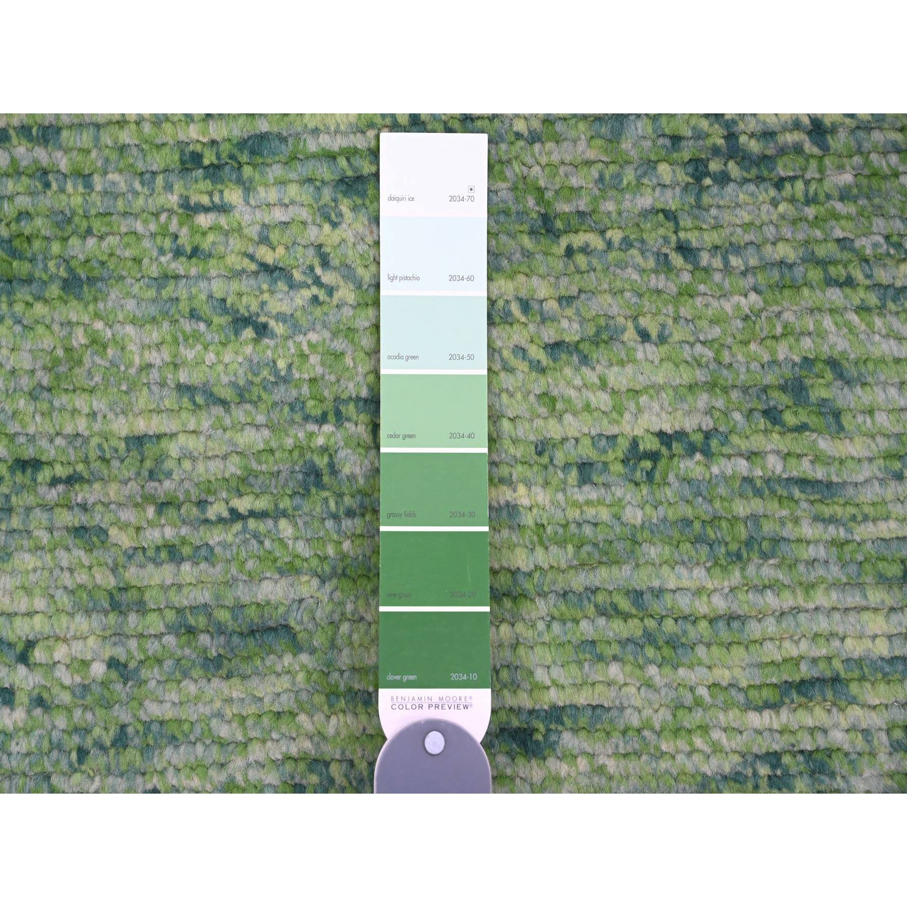 5'1"x12'3" Fern Green, Moroccan Weave with Line Design, Tone on Tone, Soft Wool, Hand Knotted, Textured Pile, Wide Runner, Oriental Rug Sh20548