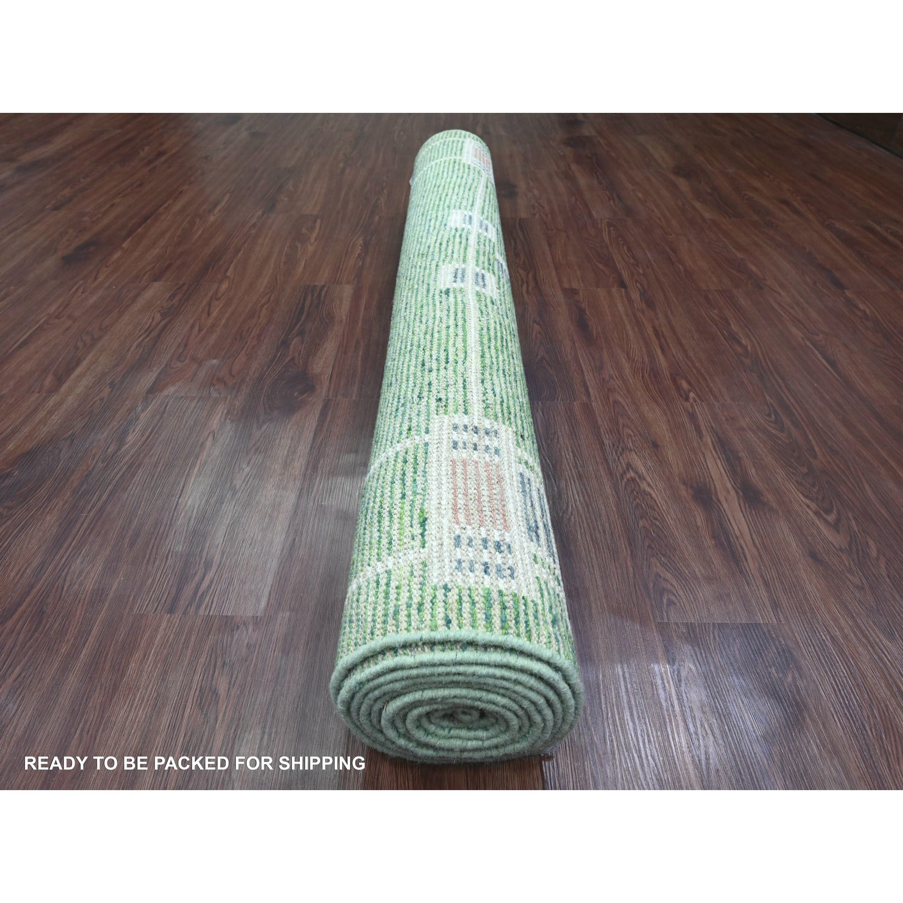 5'1"x12'3" Fern Green, Moroccan Weave with Line Design, Tone on Tone, Soft Wool, Hand Knotted, Textured Pile, Wide Runner, Oriental Rug Sh20548