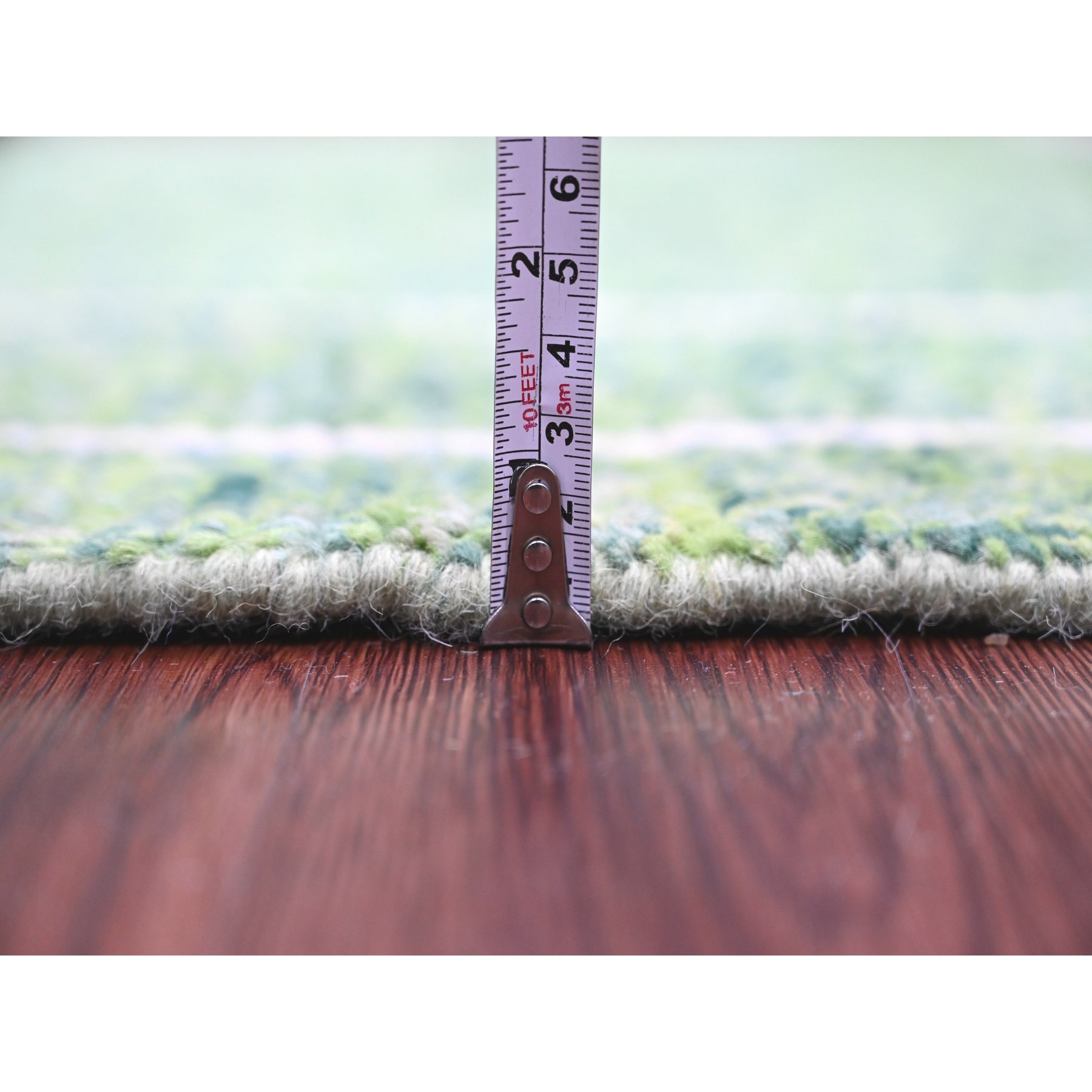 5'1"x12'3" Fern Green, Moroccan Weave with Line Design, Tone on Tone, Soft Wool, Hand Knotted, Textured Pile, Wide Runner, Oriental Rug Sh20548