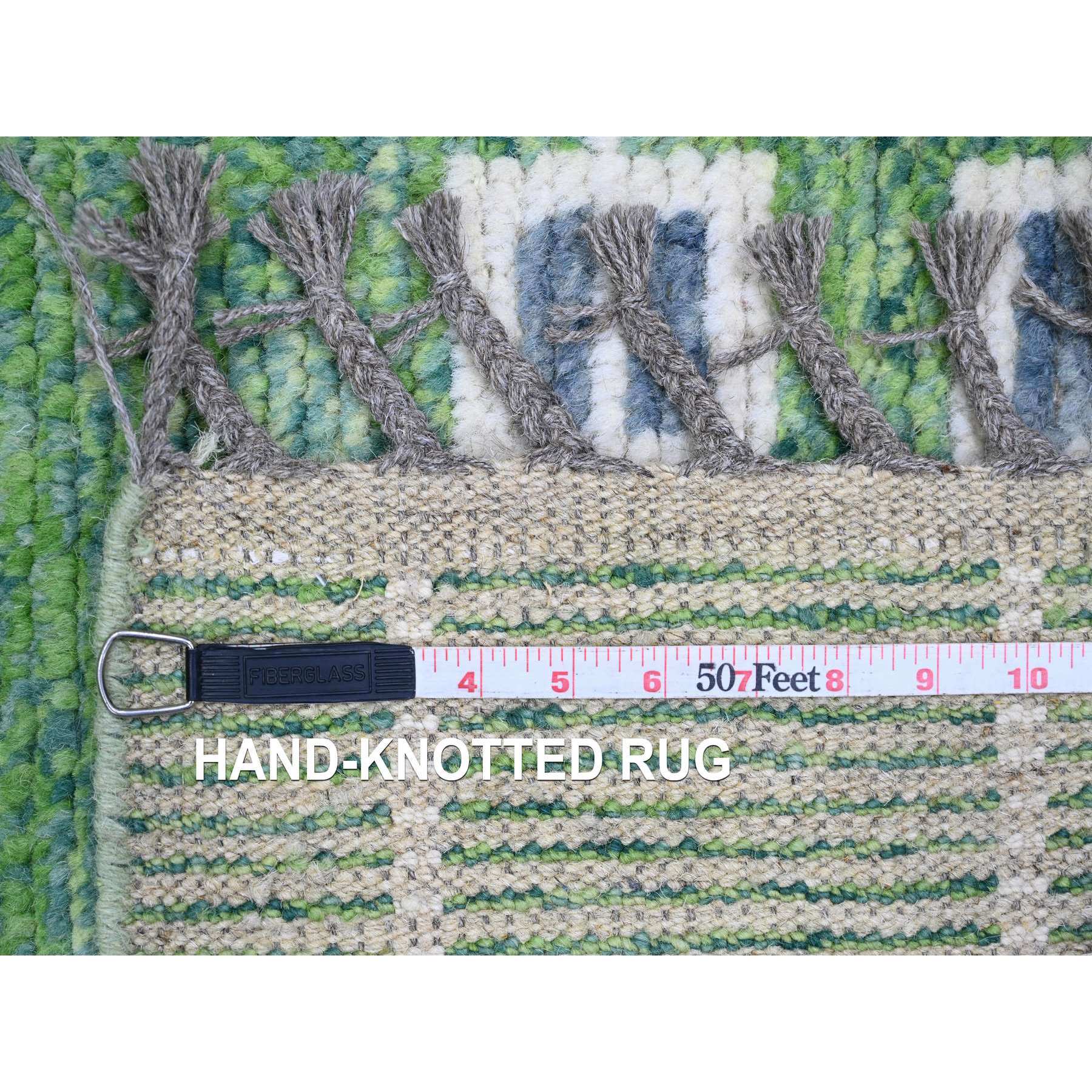 5'1"x12'3" Fern Green, Moroccan Weave with Line Design, Tone on Tone, Soft Wool, Hand Knotted, Textured Pile, Wide Runner, Oriental Rug Sh20548
