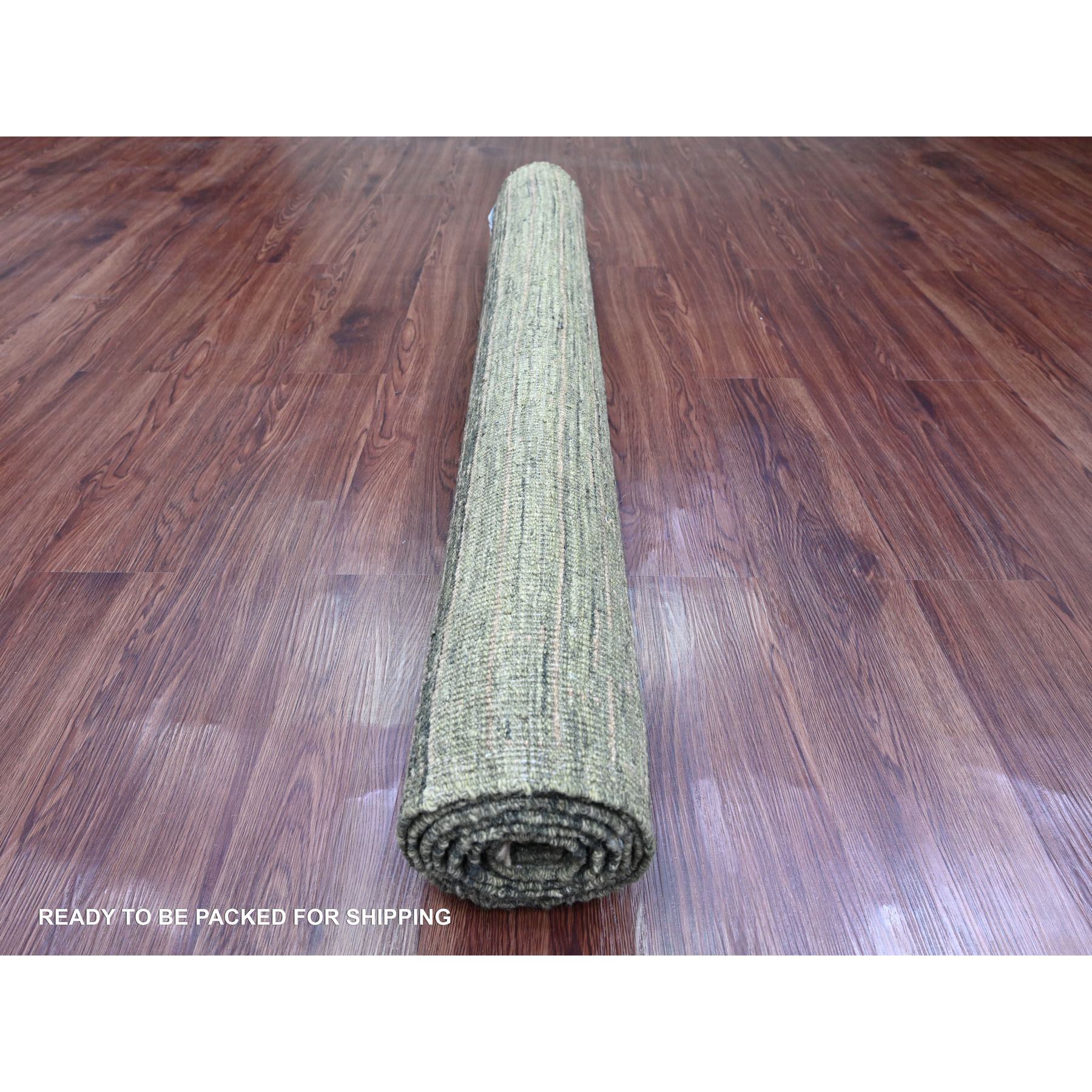 4'5"x7'8" Seaweed Green, Moroccan Weave with Geometric Brick Pattern, Hand Knotted, Tone on Tone, Soft Wool, Textured Pile, Oriental Rug Sh20549