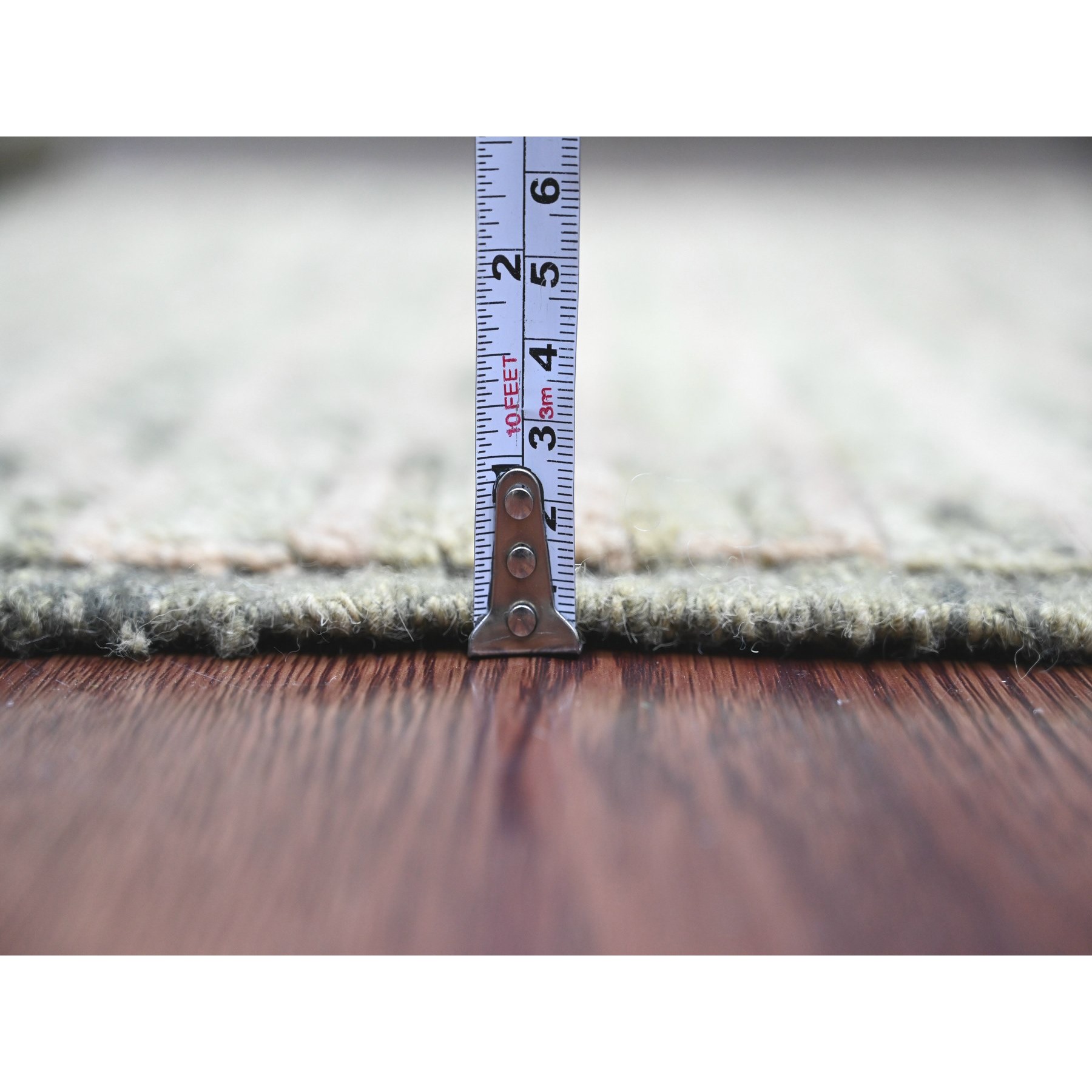 4'5"x7'8" Seaweed Green, Moroccan Weave with Geometric Brick Pattern, Hand Knotted, Tone on Tone, Soft Wool, Textured Pile, Oriental Rug Sh20549