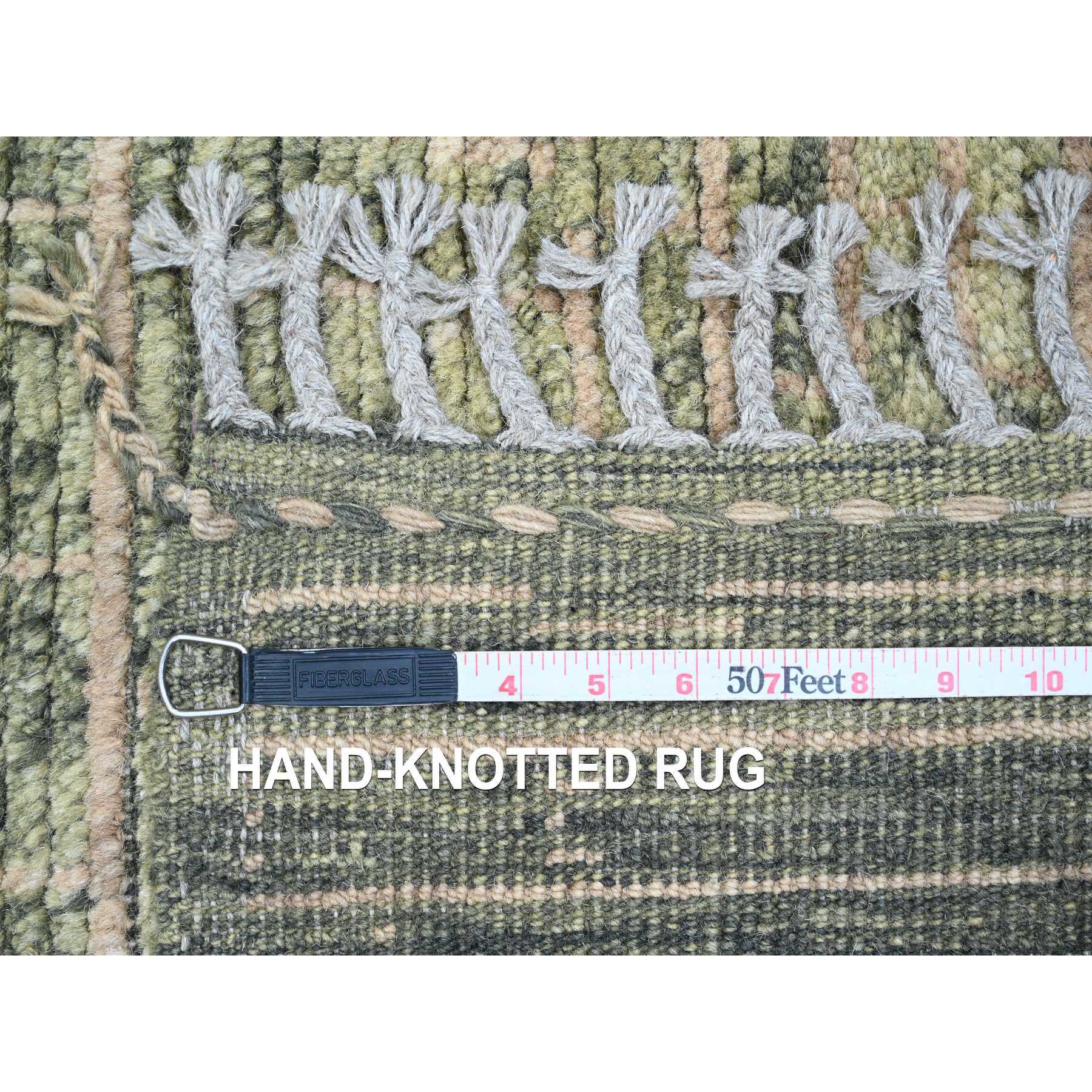 4'5"x7'8" Seaweed Green, Moroccan Weave with Geometric Brick Pattern, Hand Knotted, Tone on Tone, Soft Wool, Textured Pile, Oriental Rug Sh20549
