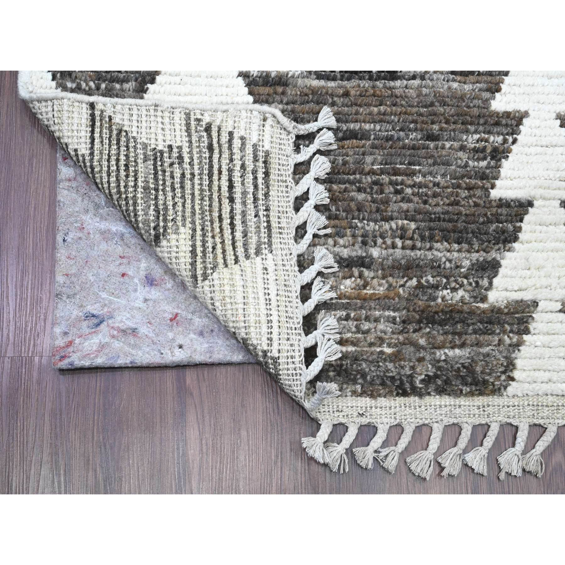3'1"x16'8" Umber Brown, Moroccan Weave with Serrated Line Design, Tone on Tone, Hand Knotted, Soft Wool, Textured Pile, Wide Runner, Oriental Rug Sh20550