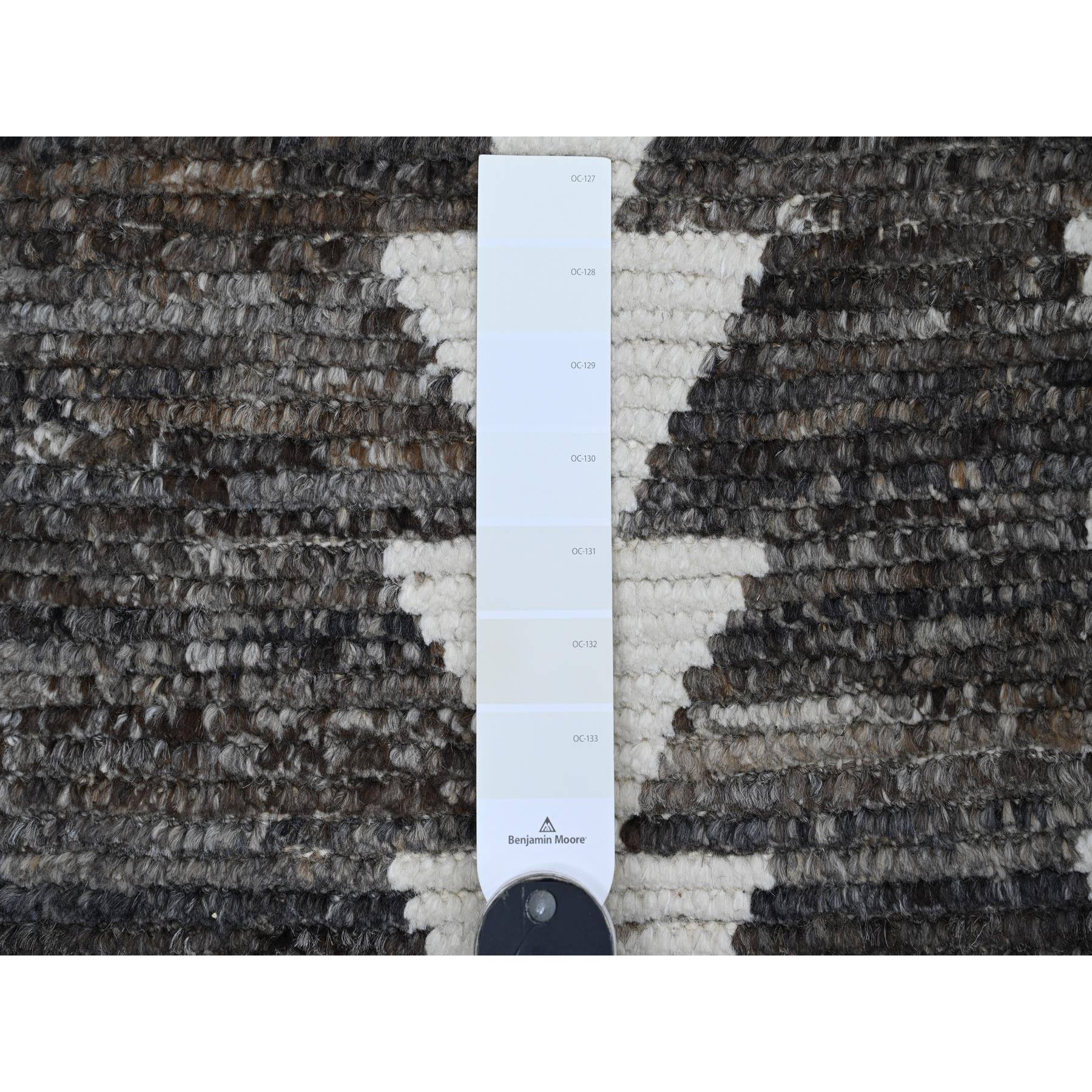 3'1"x16'8" Umber Brown, Moroccan Weave with Serrated Line Design, Tone on Tone, Hand Knotted, Soft Wool, Textured Pile, Wide Runner, Oriental Rug Sh20550