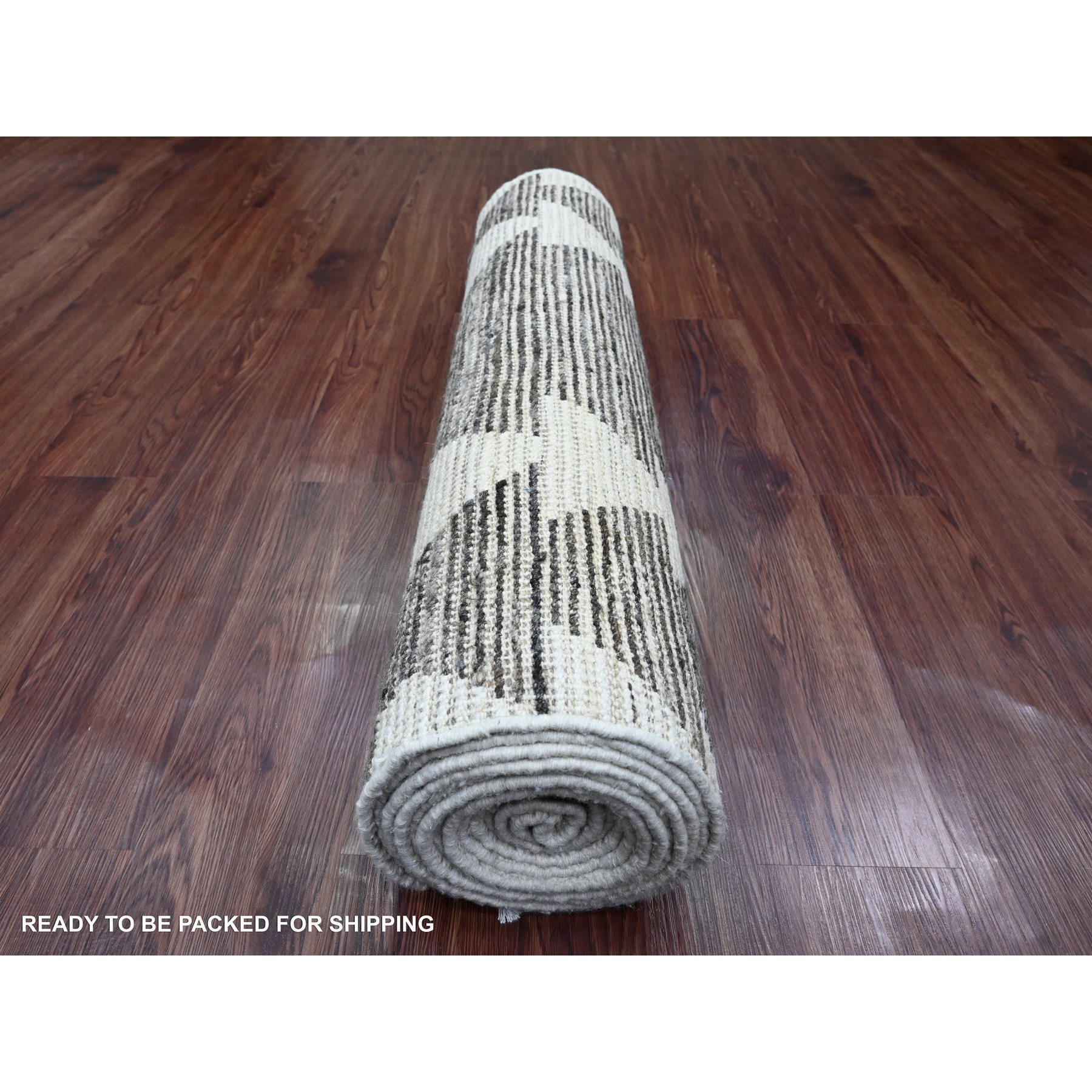 3'1"x16'8" Umber Brown, Moroccan Weave with Serrated Line Design, Tone on Tone, Hand Knotted, Soft Wool, Textured Pile, Wide Runner, Oriental Rug Sh20550