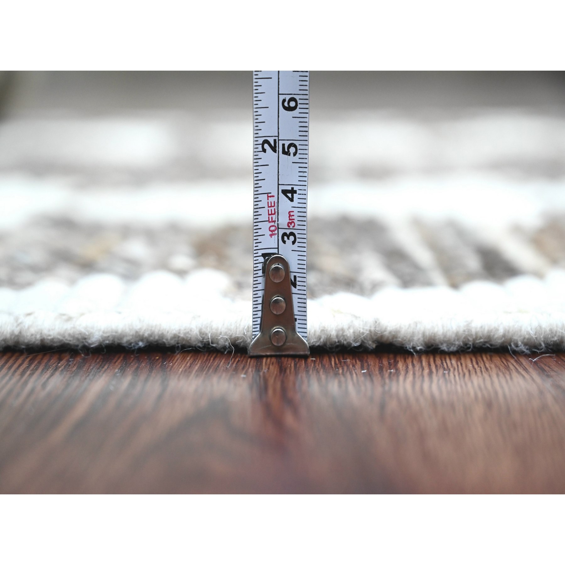 3'1"x16'8" Umber Brown, Moroccan Weave with Serrated Line Design, Tone on Tone, Hand Knotted, Soft Wool, Textured Pile, Wide Runner, Oriental Rug Sh20550