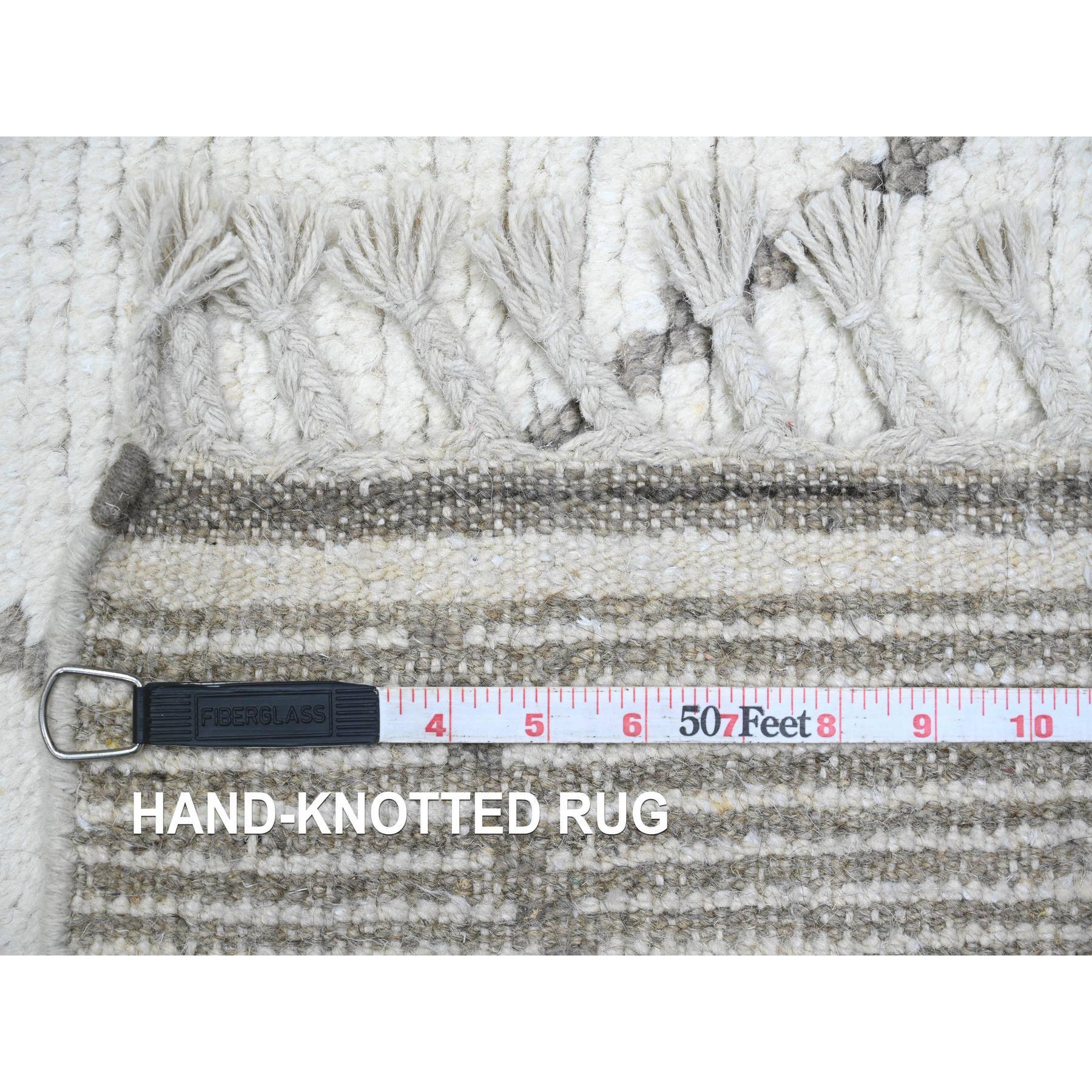 3'2"x15'4" Pearl White, Moroccan Weave with Serrated Pattern, Tone on Tone, Hand Knotted, Soft Wool, Textured Pile, XL Runner, Oriental Rug Sh20551