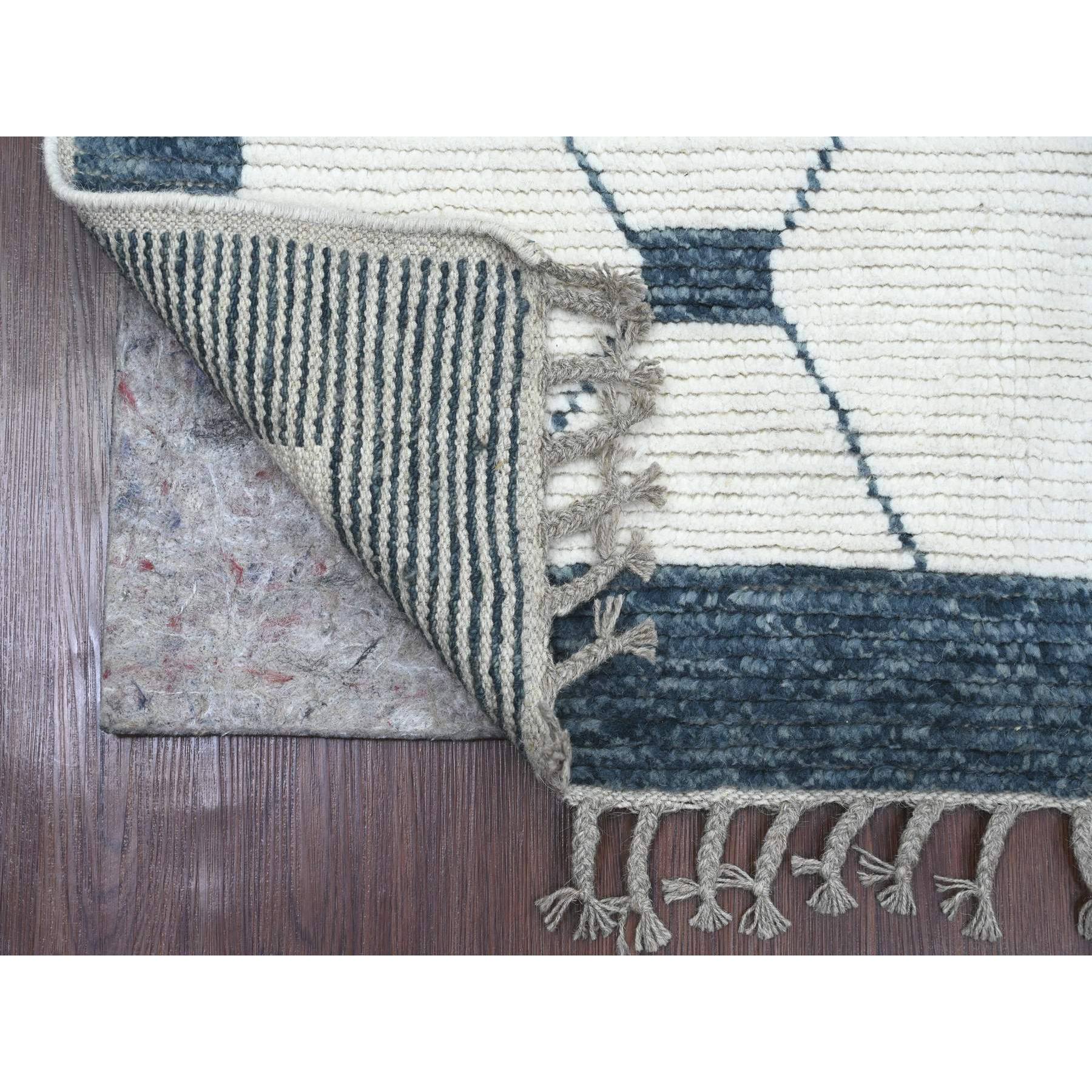2'6"x10'4" Daisy White, Moroccan Weave with Geometric Pattern, Hand Knotted, Tone on Tone, Soft Wool, Textured Pile, Runner, Oriental Rug Sh20552