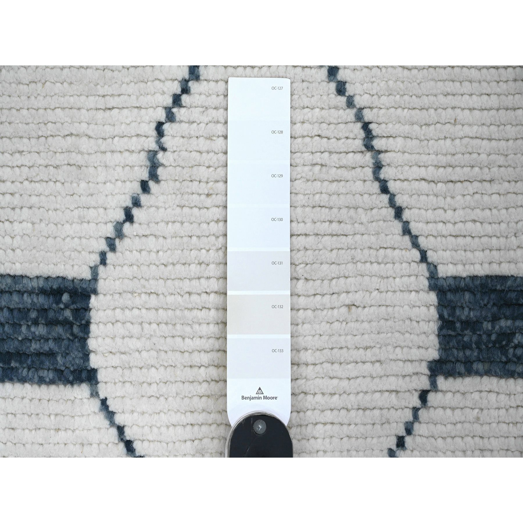 2'6"x10'4" Daisy White, Moroccan Weave with Geometric Pattern, Hand Knotted, Tone on Tone, Soft Wool, Textured Pile, Runner, Oriental Rug Sh20552