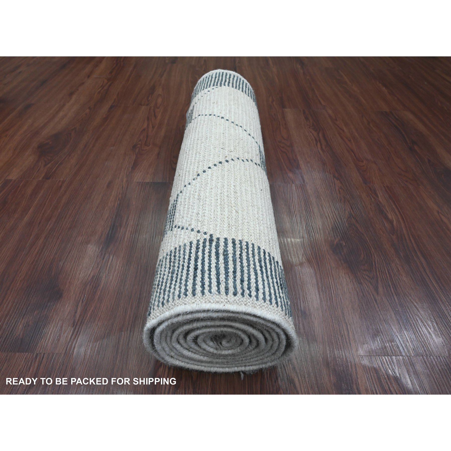 2'6"x10'4" Daisy White, Moroccan Weave with Geometric Pattern, Hand Knotted, Tone on Tone, Soft Wool, Textured Pile, Runner, Oriental Rug Sh20552