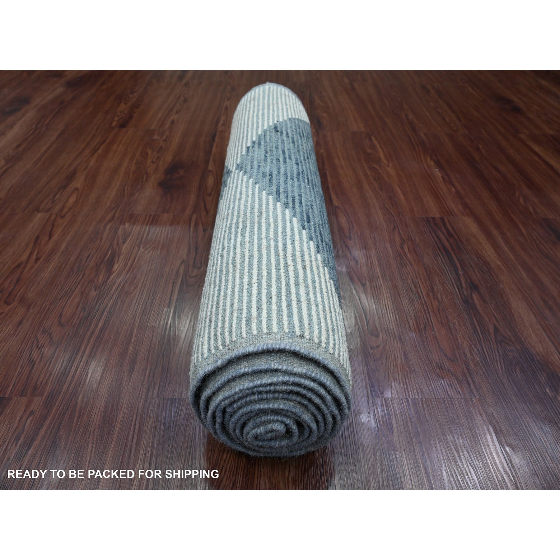 2'9"x10'3" Aegean Blue, Moroccan Weave with Geometric Design, Hand Knotted, Soft Wool, Tone on Tone, Textured Pile, Runner, Oriental Rug Sh20553
