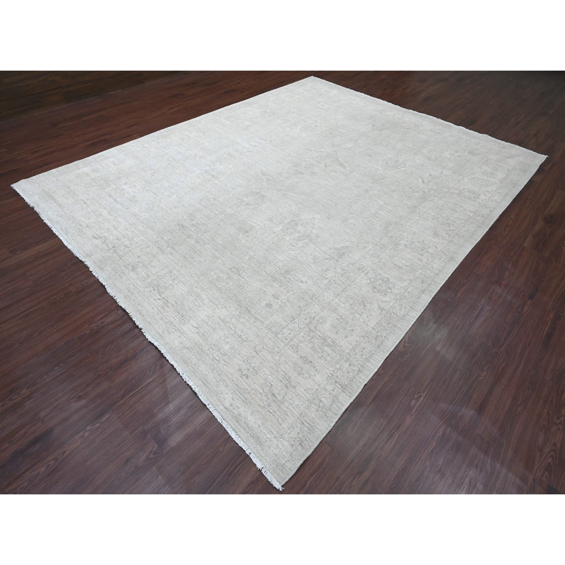 9'x11'3" Stone Gray, Washed Out Peshawar with Faded Out Leaf Design, Natural Dyes, 100% Wool, Hand Knotted, Oriental Rug Sh20555