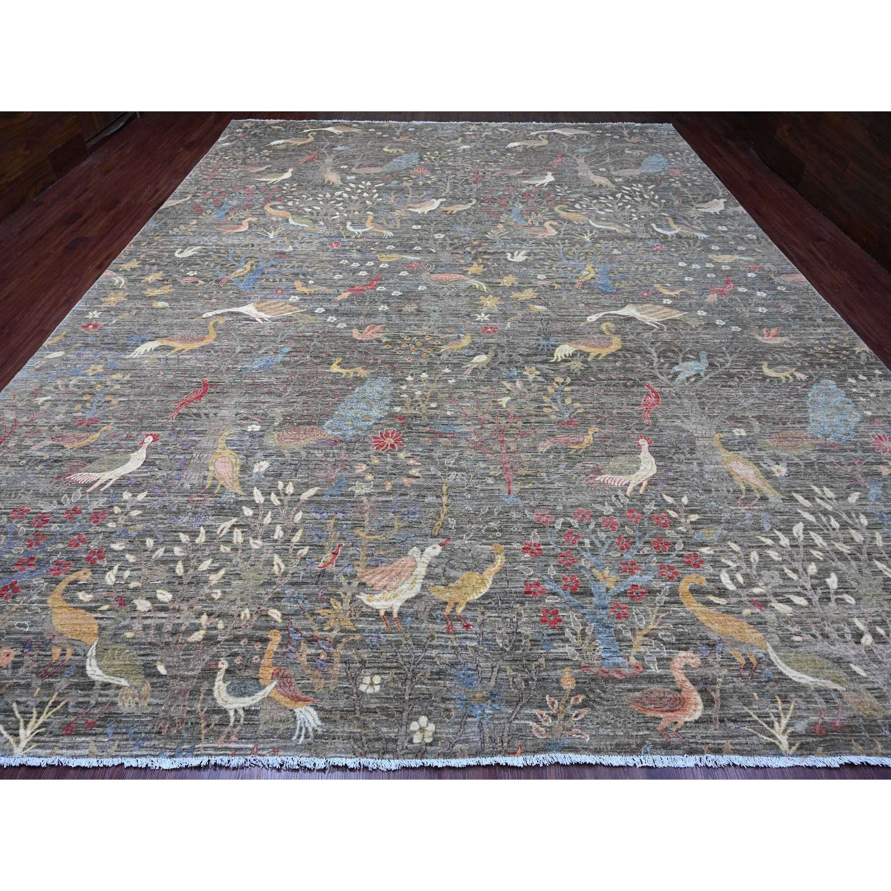 12'x15'5" Sonic Gray, Afghan Peshawar with Birds of Paradise Design, Hand Knotted, Soft and Velvety Wool, Natural Dyes, Oversized, Oriental Rug Sh20557
