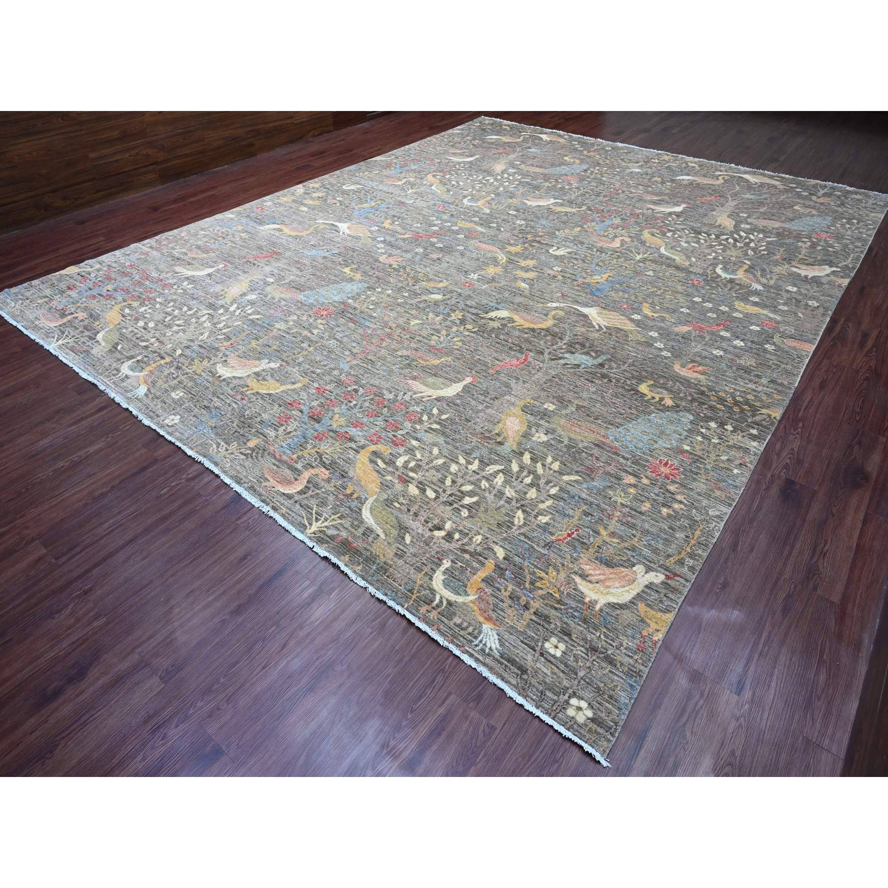 12'x15'5" Sonic Gray, Afghan Peshawar with Birds of Paradise Design, Hand Knotted, Soft and Velvety Wool, Natural Dyes, Oversized, Oriental Rug Sh20557