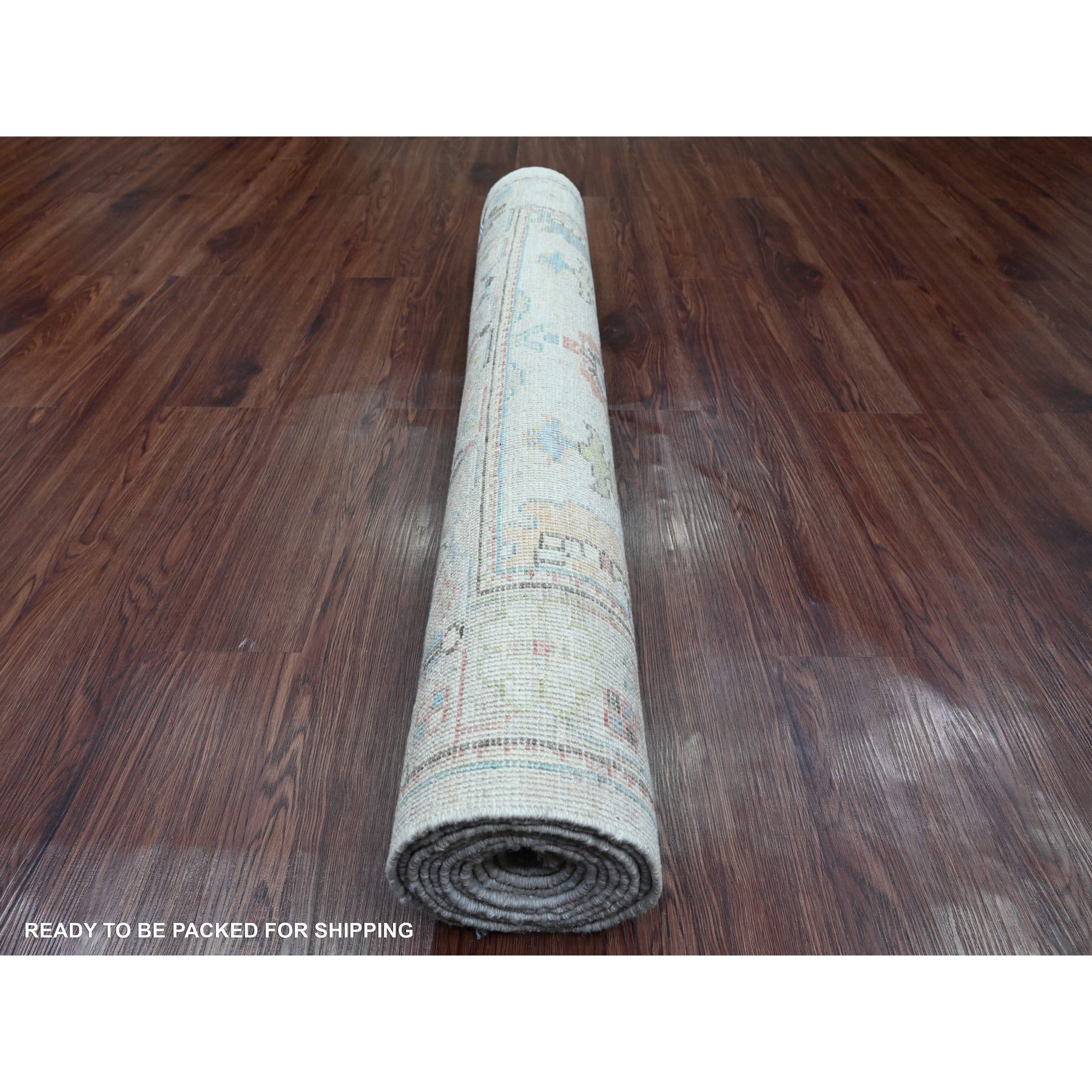 4'1"x11'7" Alabaster White, Hand Knotted, Afghan Angora Oushak with Floral Pattern, Natural Dyes, 100% Wool, Wide Runner, Oriental Rug Sh20563