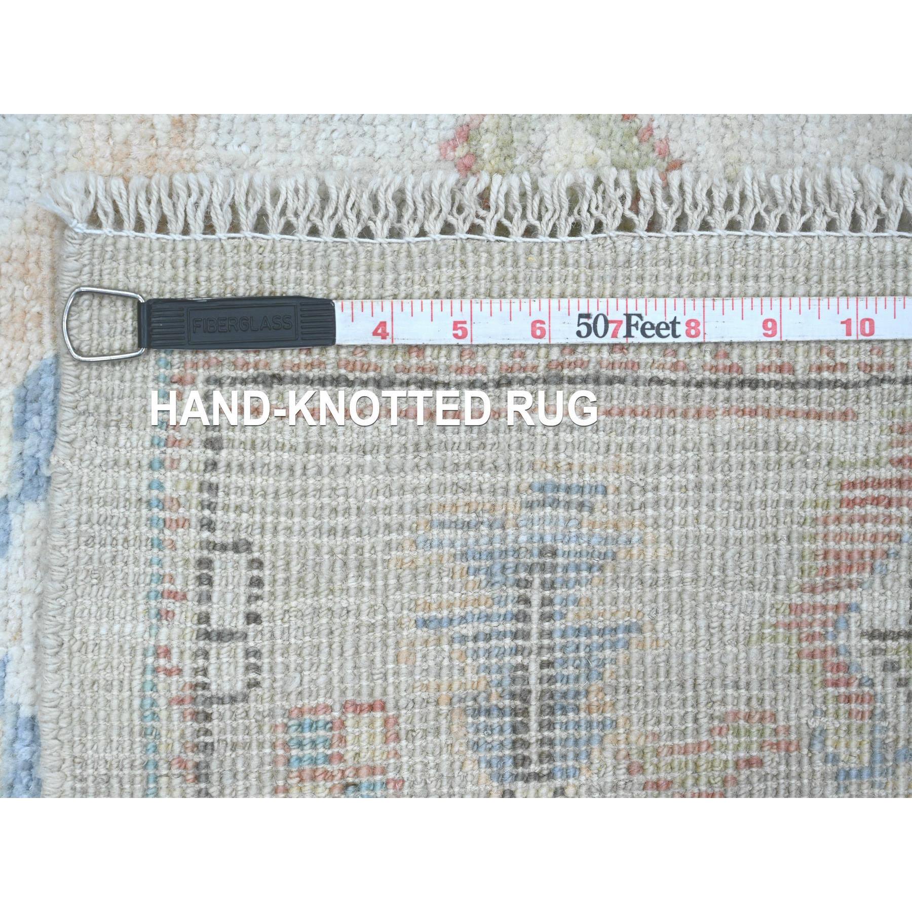 4'1"x11'7" Alabaster White, Hand Knotted, Afghan Angora Oushak with Floral Pattern, Natural Dyes, 100% Wool, Wide Runner, Oriental Rug Sh20563