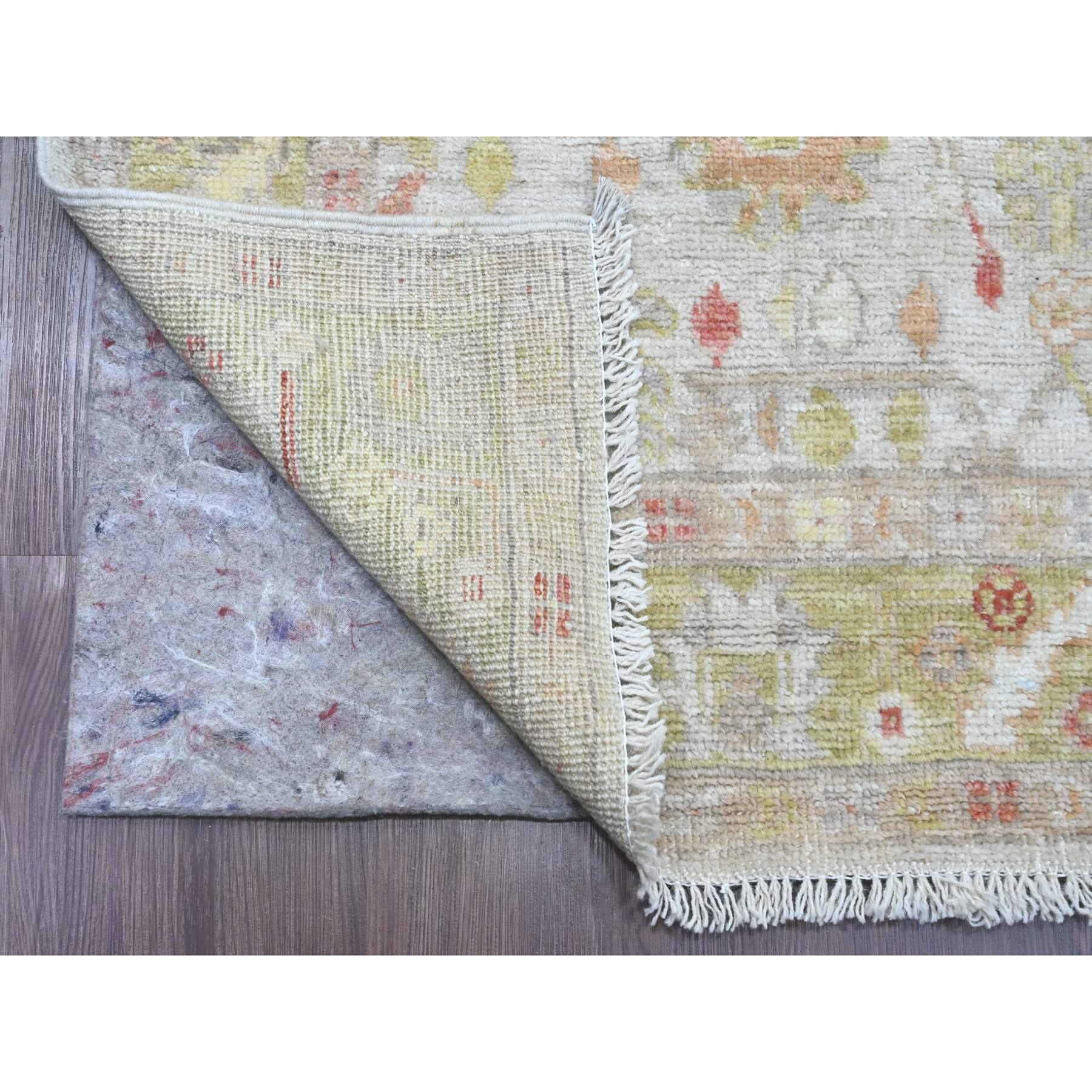4'x11'9" Oyster White, Hand Knotted, Afghan Angora Oushak with All Over Leaf Design, Vegetable Dyes, 100% Wool, Wide Runner, Oriental Rug Sh20571
