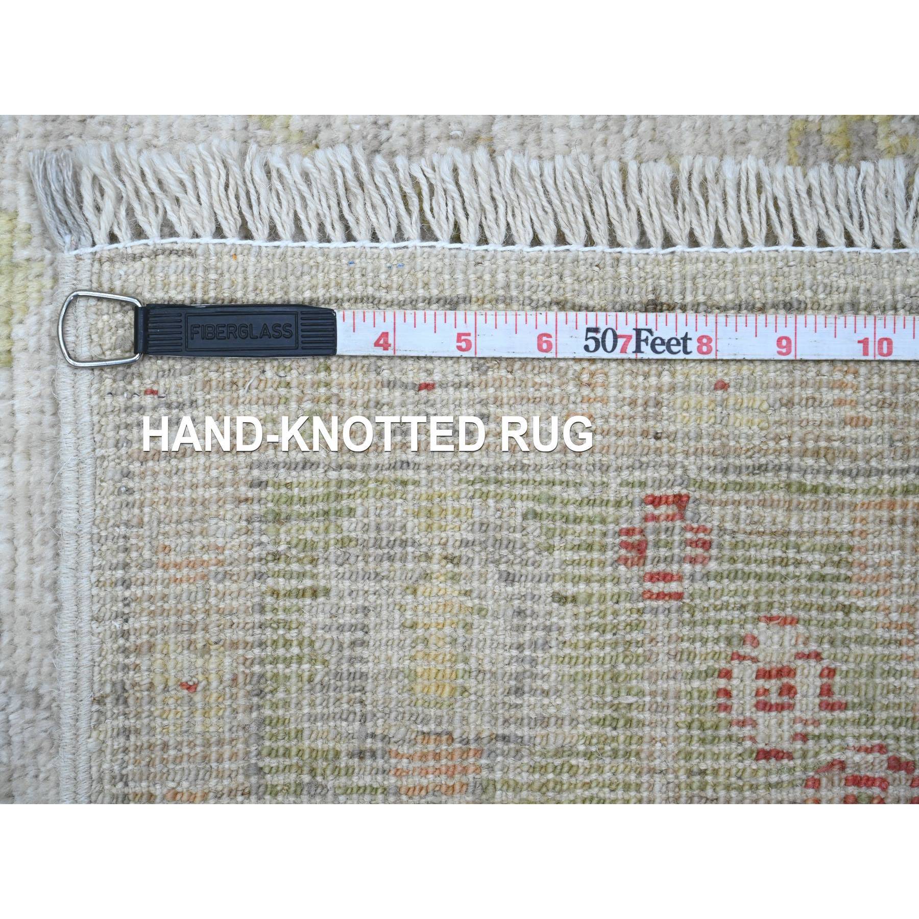 4'x11'9" Oyster White, Hand Knotted, Afghan Angora Oushak with All Over Leaf Design, Vegetable Dyes, 100% Wool, Wide Runner, Oriental Rug Sh20571