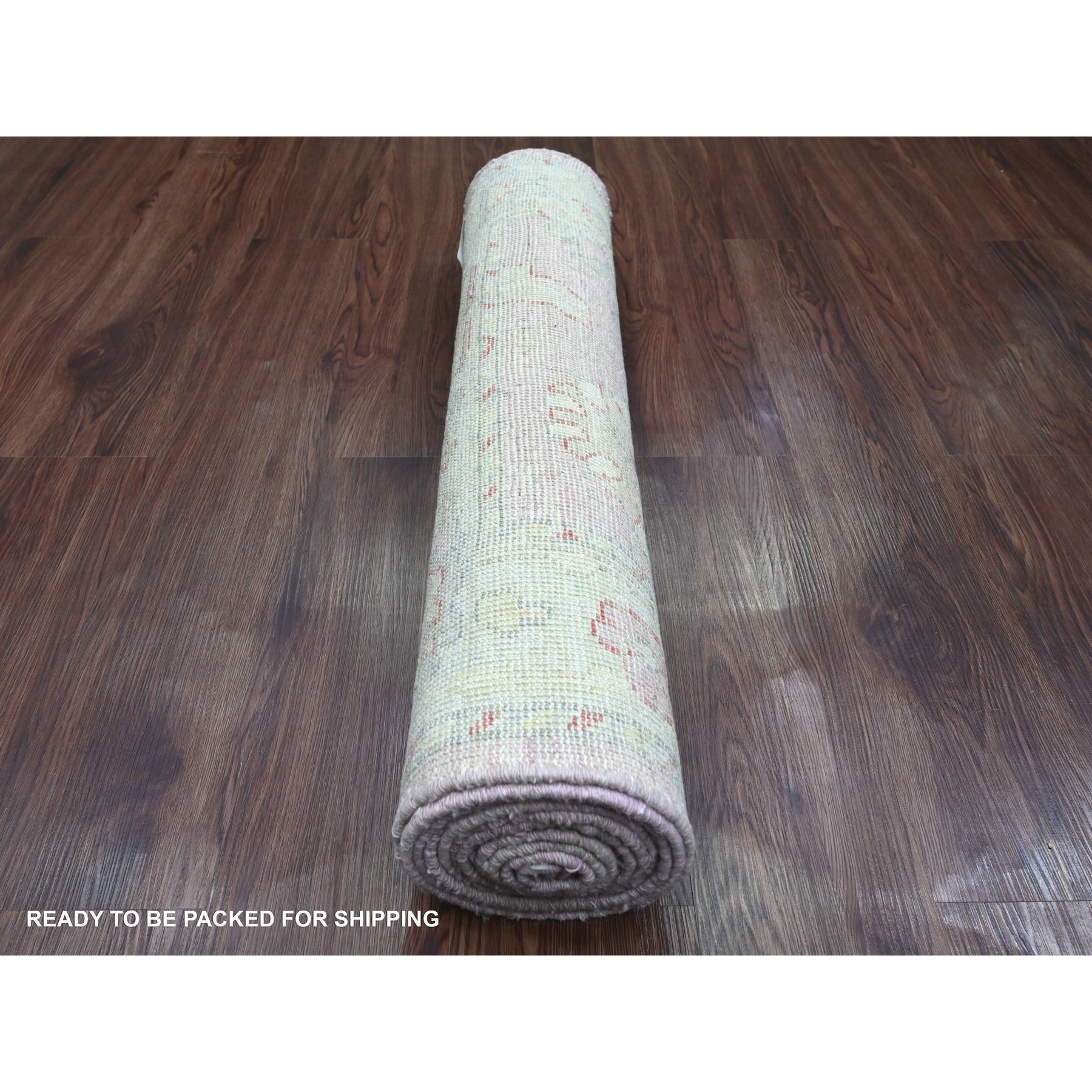 2'9"x11'4" Blush Pink, Afghan Angora Oushak with All Over Leaf Pattern, Hand Knotted, Vegetable Dyes, 100% Wool, Runner, Oriental Rug Sh20578
