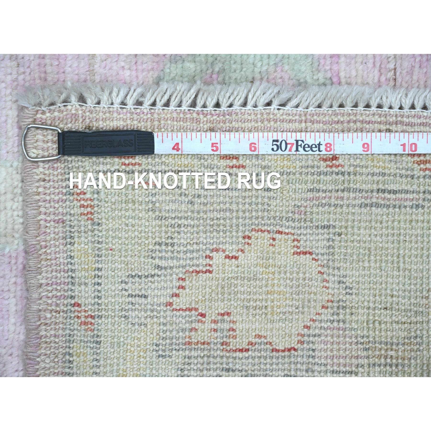 2'9"x11'4" Blush Pink, Afghan Angora Oushak with All Over Leaf Pattern, Hand Knotted, Vegetable Dyes, 100% Wool, Runner, Oriental Rug Sh20578