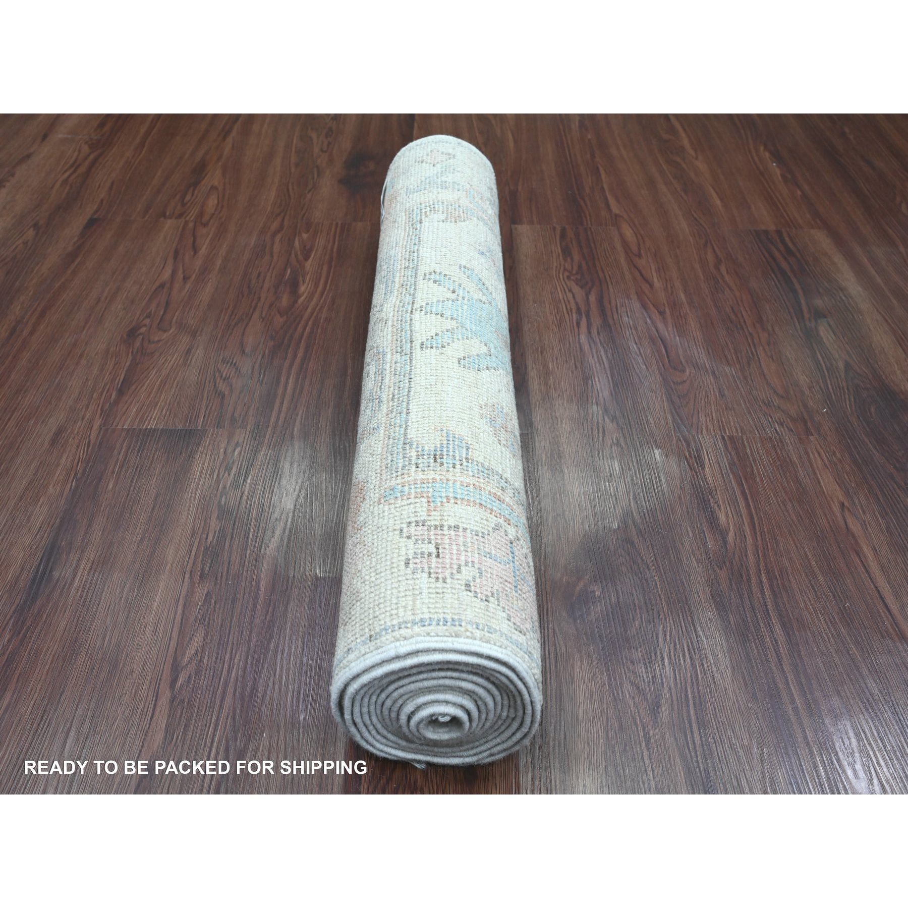 2'7"x9'7" Chiffon White, Afghan Angora Oushak with All Over Leaf Design, Hand Knotted, Vegetable Dyes, 100% Wool, Runner, Oriental Rug Sh20581