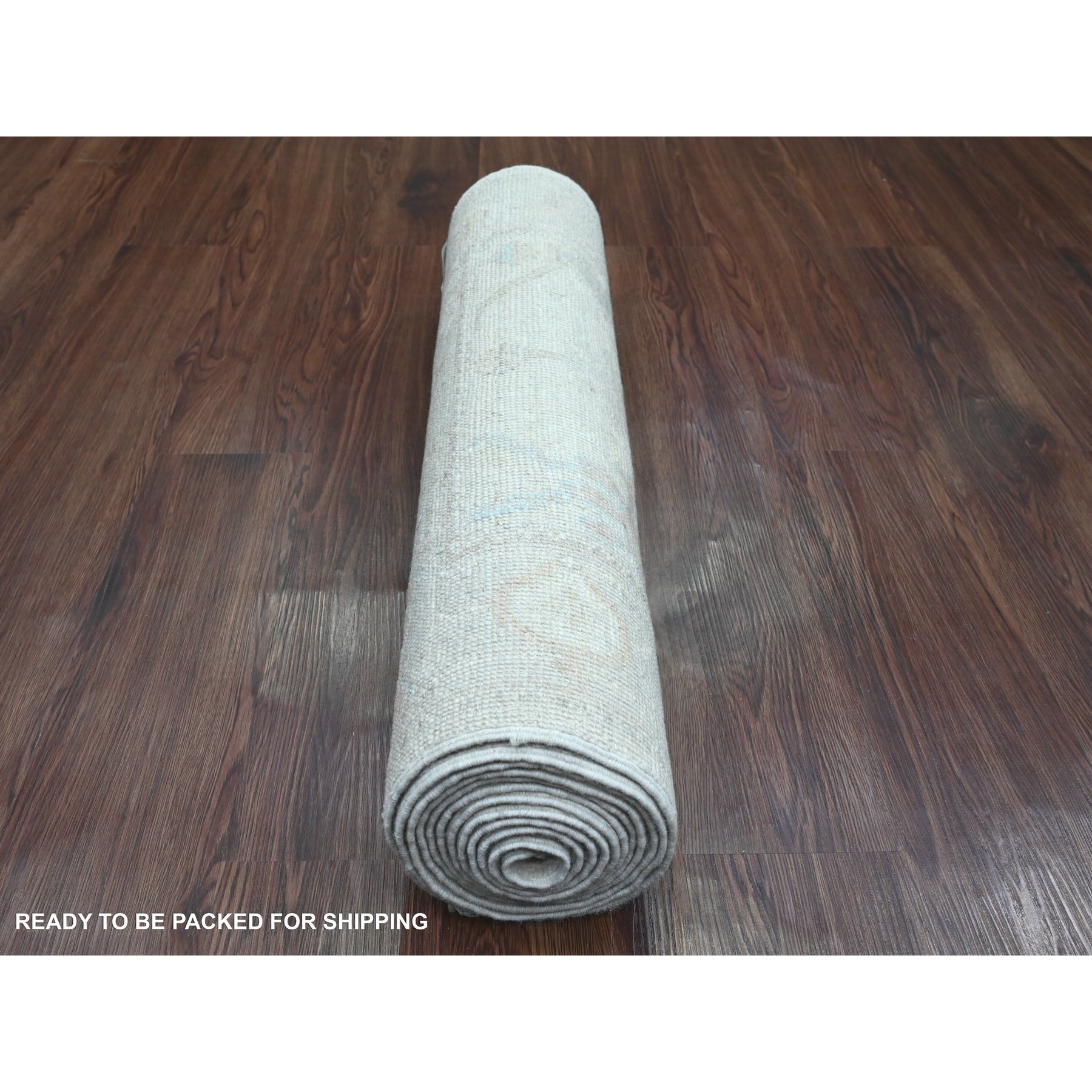 2'8"x12'4" Alabaster White, Hand Knotted, Afghan Angora Oushak with Large Leaf Design, Veggie Dyes, 100% Wool, Runner, Oriental Rug Sh20582