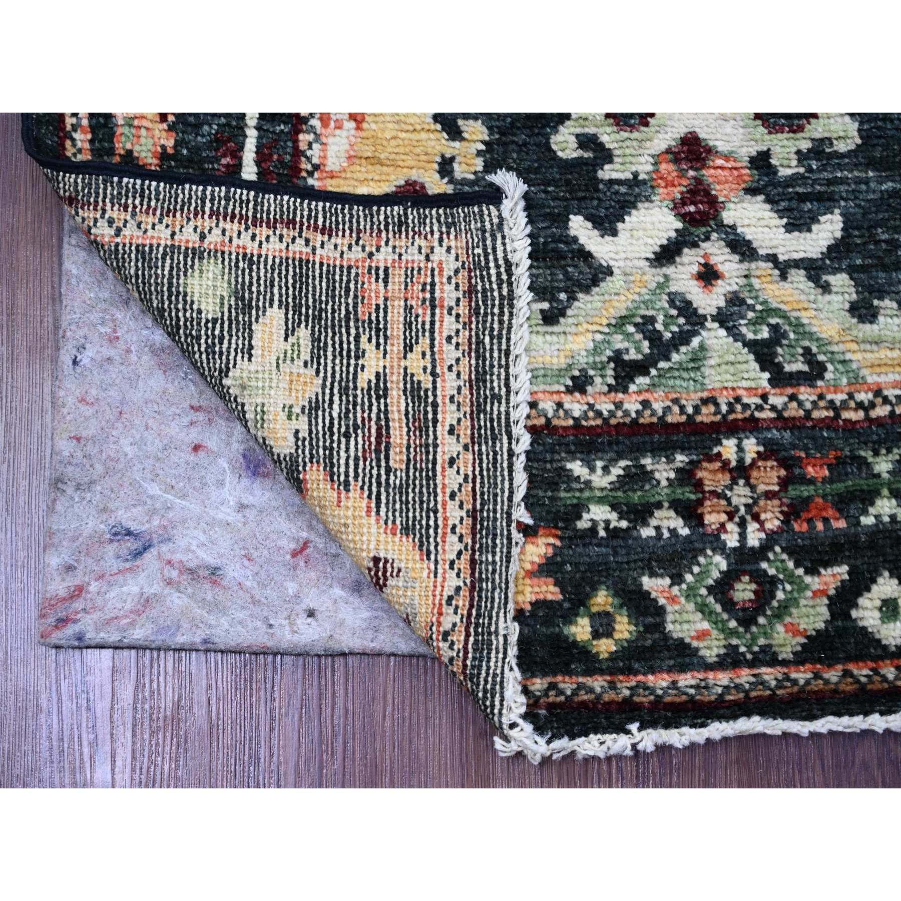2'8"x9'10" Charcoal Black, Afghan Angora Oushak with Geometric Leaf Design, Hand Knotted, Natural Dyes, Pure Wool, Runner, Oriental Rug Sh20585