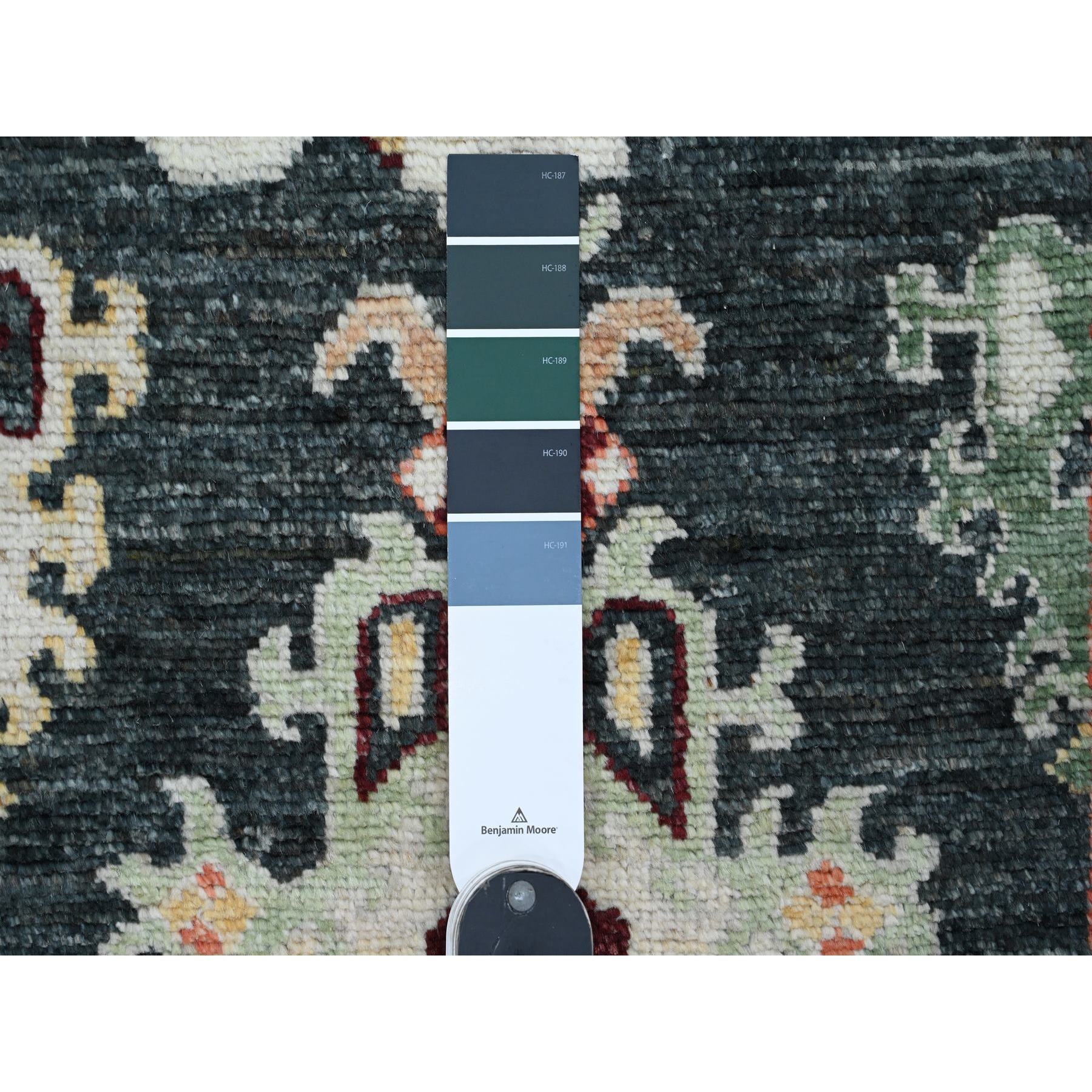 2'8"x9'10" Charcoal Black, Afghan Angora Oushak with Geometric Leaf Design, Hand Knotted, Natural Dyes, Pure Wool, Runner, Oriental Rug Sh20585
