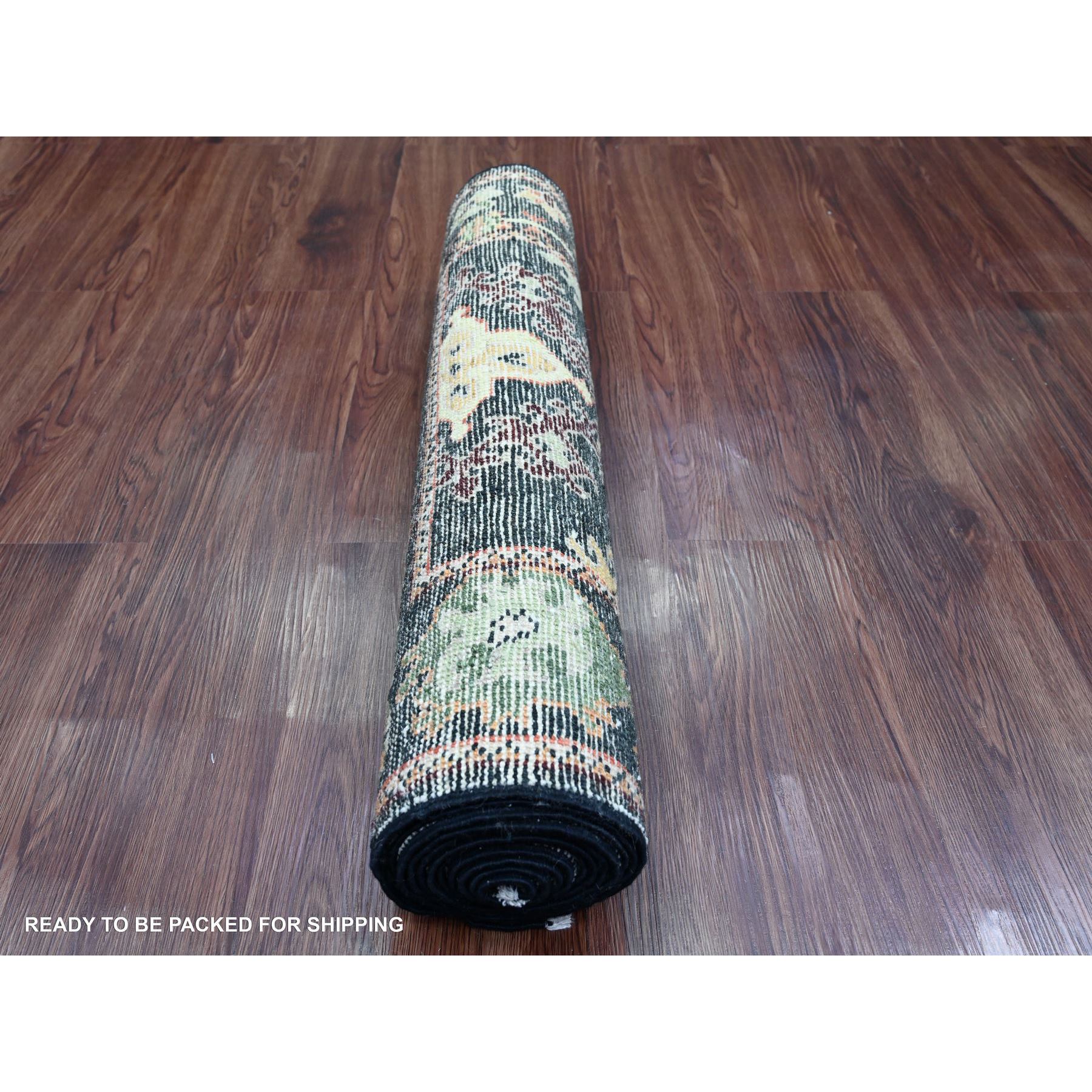 2'8"x9'10" Charcoal Black, Afghan Angora Oushak with Geometric Leaf Design, Hand Knotted, Natural Dyes, Pure Wool, Runner, Oriental Rug Sh20585