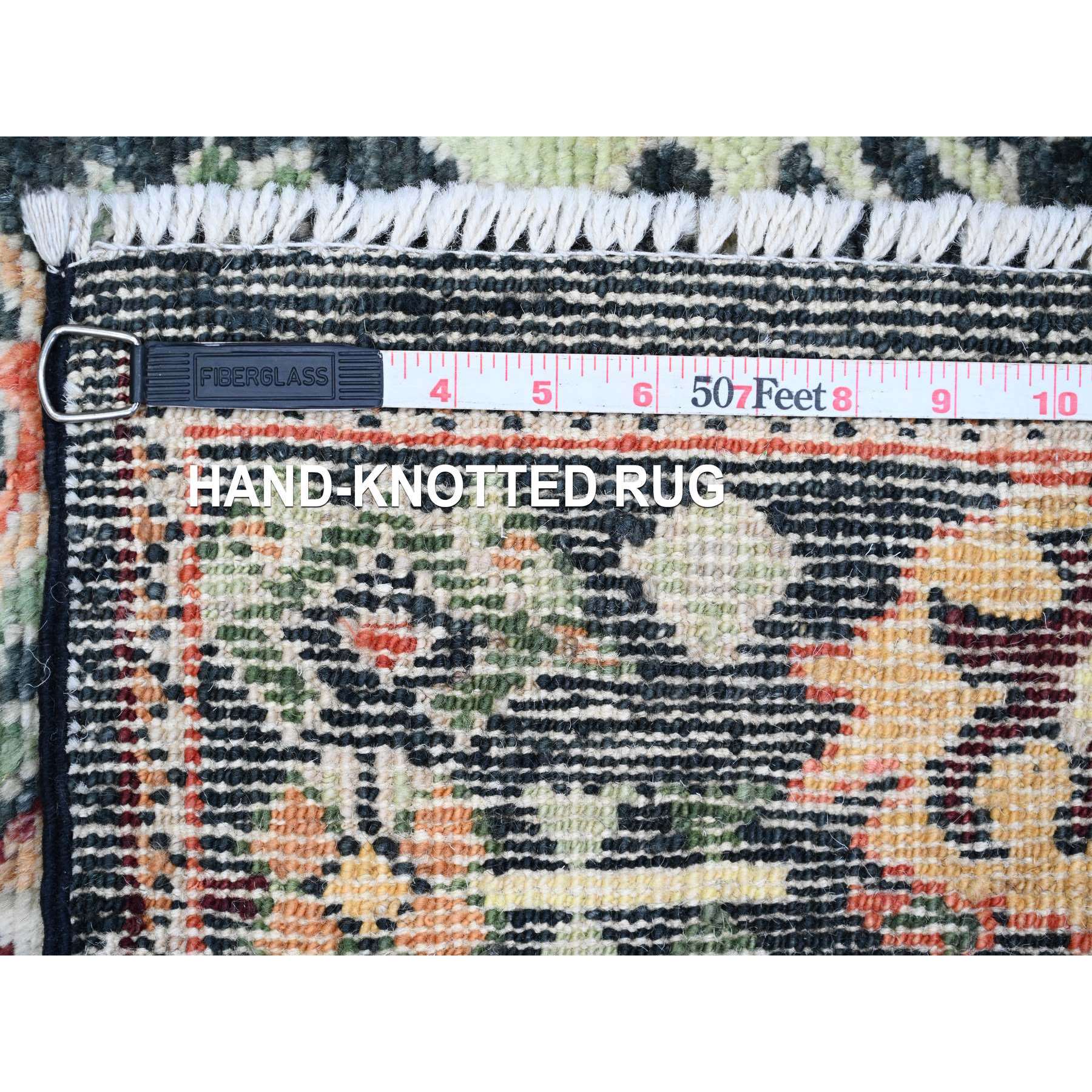 2'8"x9'10" Charcoal Black, Afghan Angora Oushak with Geometric Leaf Design, Hand Knotted, Natural Dyes, Pure Wool, Runner, Oriental Rug Sh20585