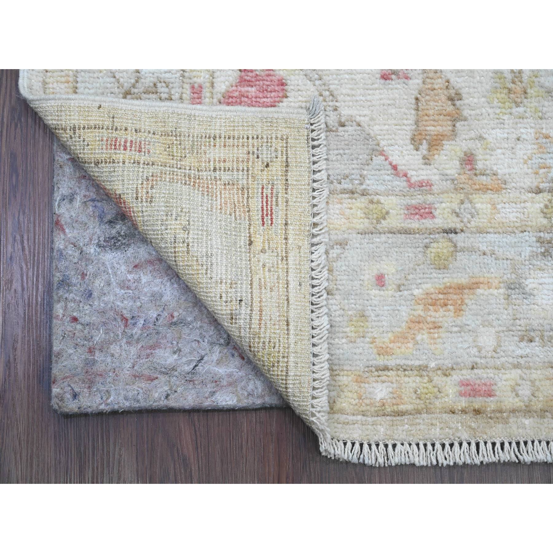 4'x19'2" Chiffon White, Hand Knotted, Afghan Angora Oushak with Soft Color Leaf Design, Vegetable Dyes, 100% Wool, Wide Runner, Oriental Rug Sh20595