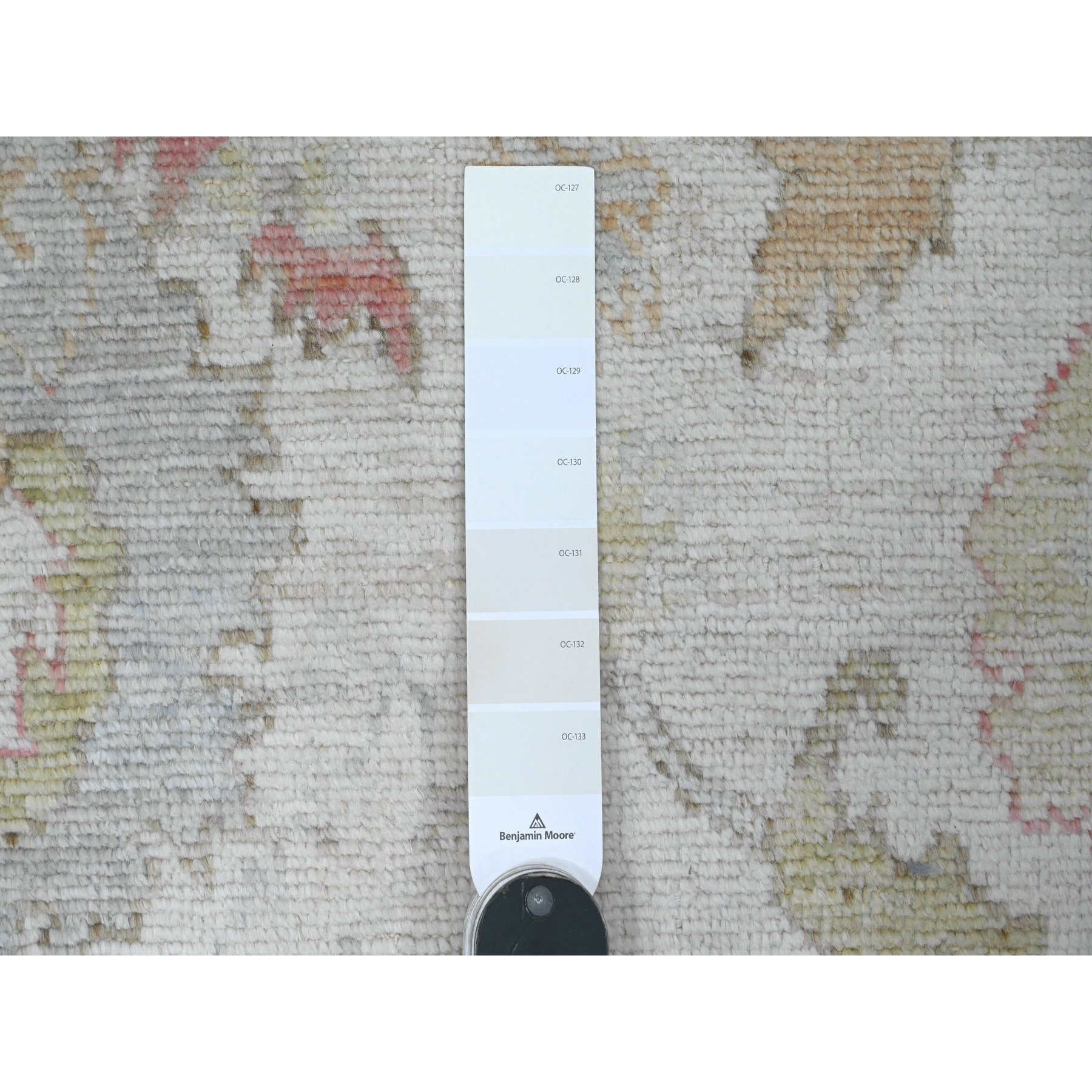 4'x19'2" Chiffon White, Hand Knotted, Afghan Angora Oushak with Soft Color Leaf Design, Vegetable Dyes, 100% Wool, Wide Runner, Oriental Rug Sh20595
