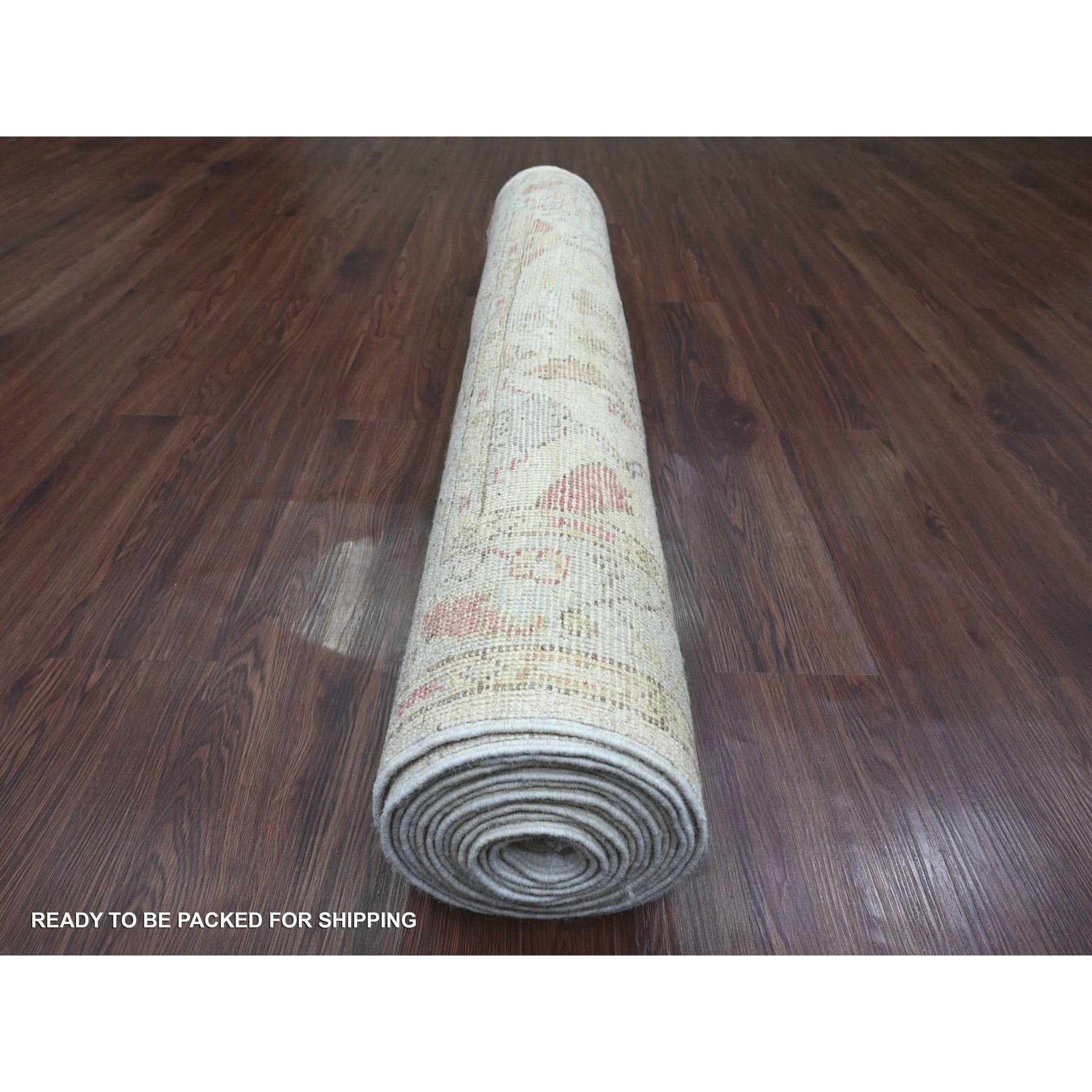 4'x19'2" Chiffon White, Hand Knotted, Afghan Angora Oushak with Soft Color Leaf Design, Vegetable Dyes, 100% Wool, Wide Runner, Oriental Rug Sh20595