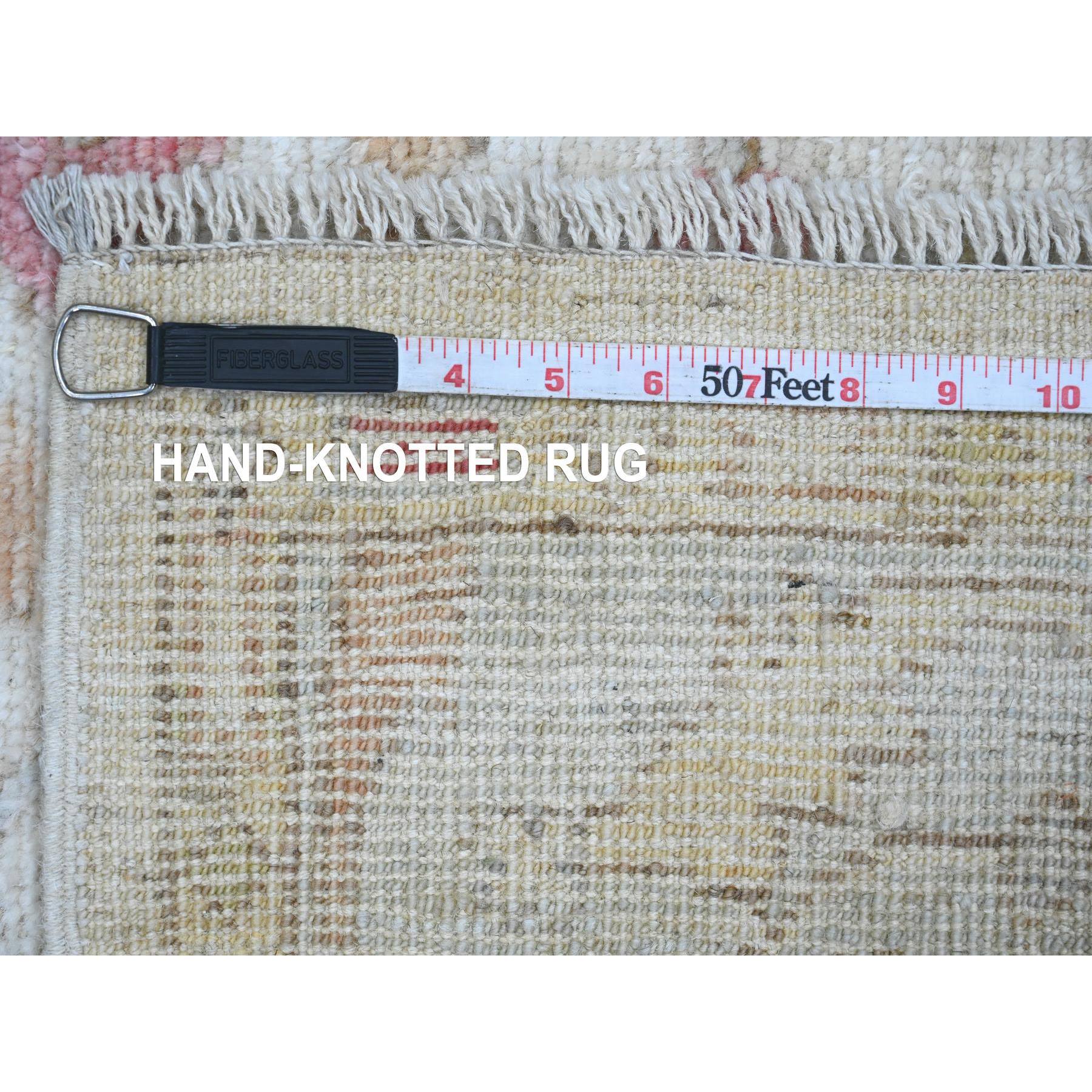 4'x19'2" Chiffon White, Hand Knotted, Afghan Angora Oushak with Soft Color Leaf Design, Vegetable Dyes, 100% Wool, Wide Runner, Oriental Rug Sh20595