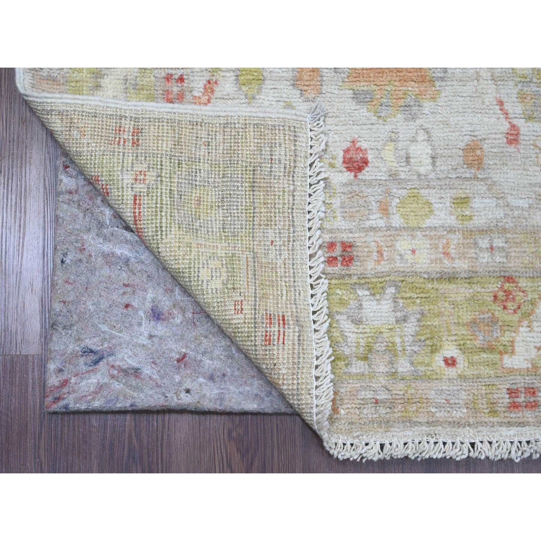 4'x11'9" Chiffon White, Hand Knotted, Afghan Angora Oushak with Colorful Leaf Pattern, Vegetable Dyes, 100% Wool, Wide Runner, Oriental Rug Sh20600
