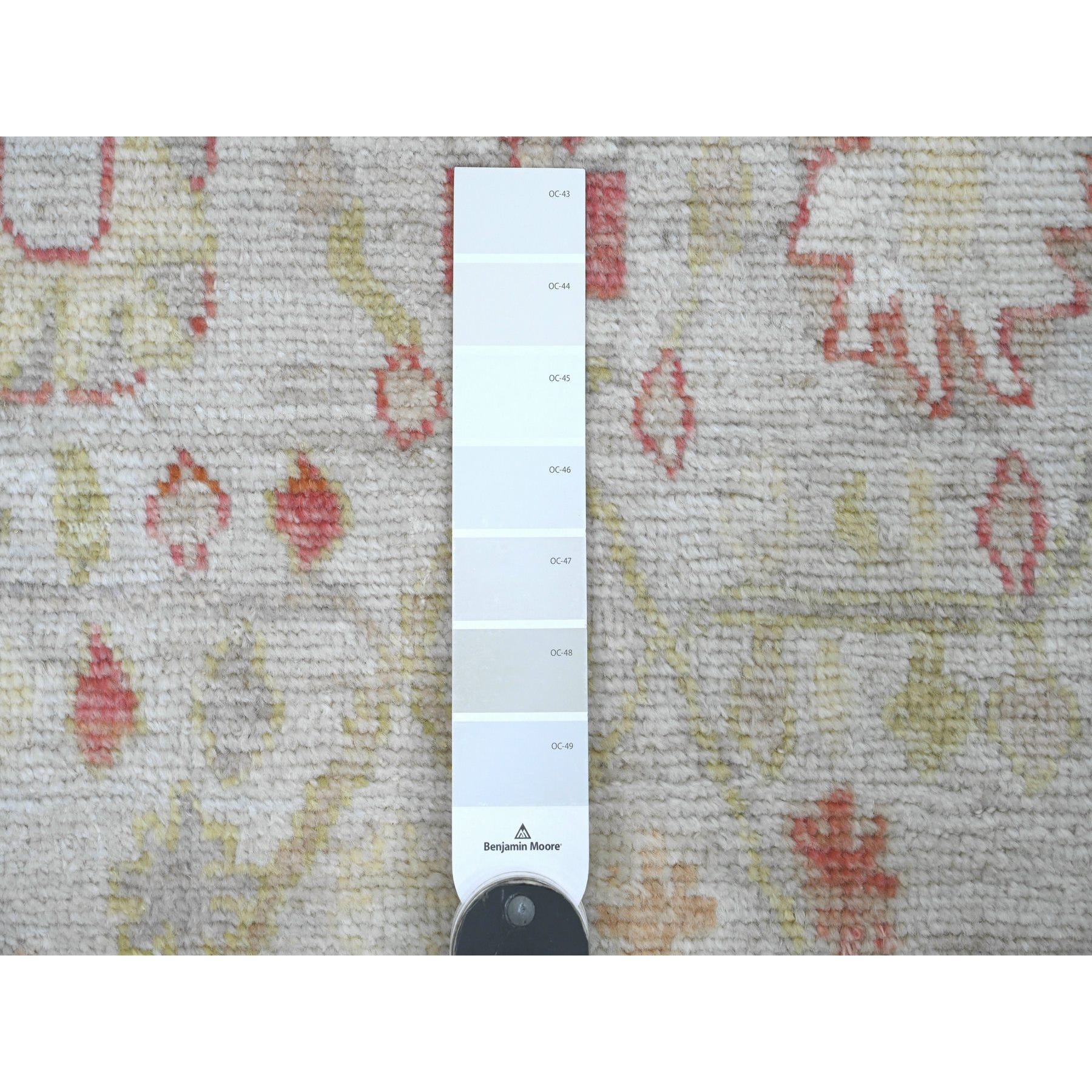 4'x11'9" Chiffon White, Hand Knotted, Afghan Angora Oushak with Colorful Leaf Pattern, Vegetable Dyes, 100% Wool, Wide Runner, Oriental Rug Sh20600