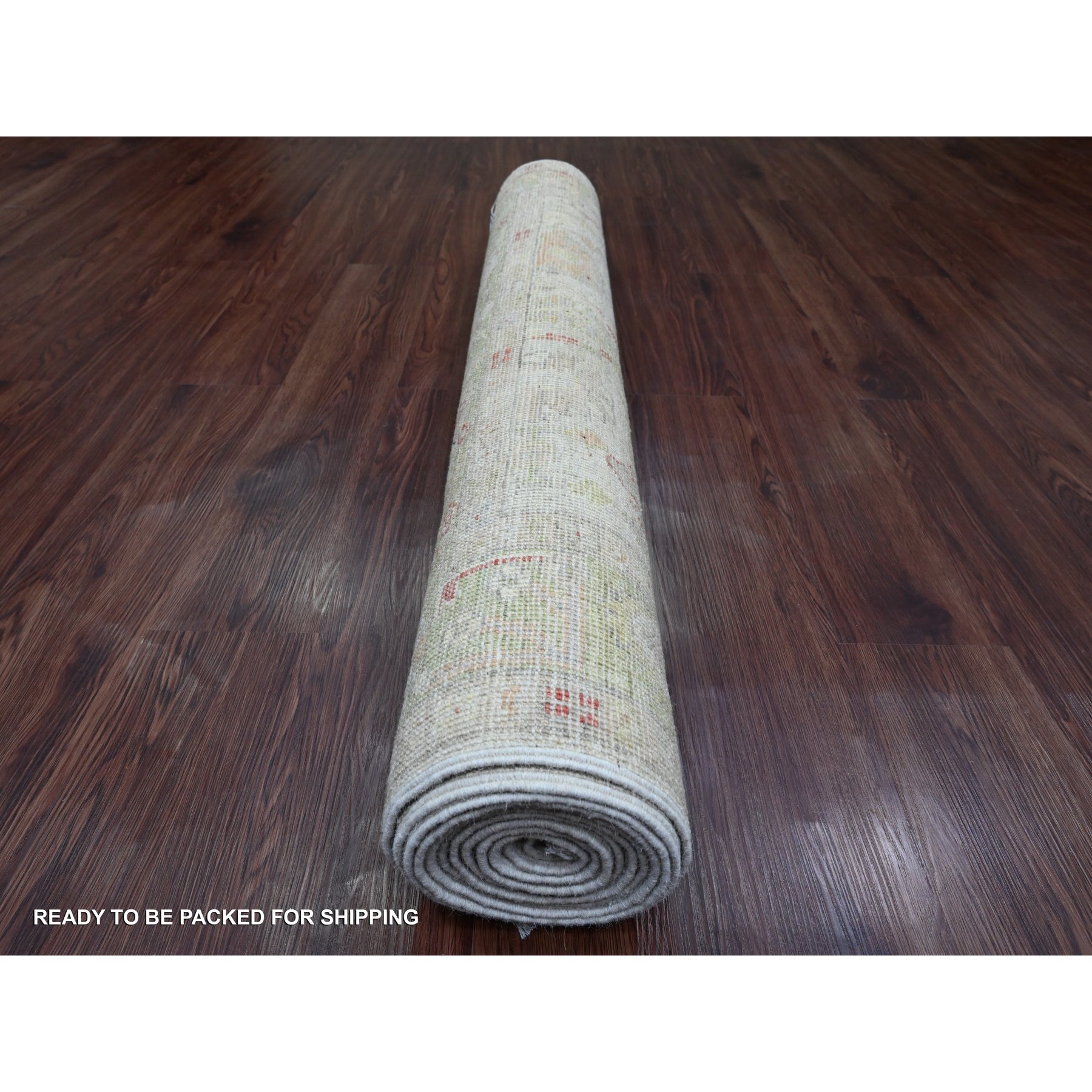 4'x11'9" Chiffon White, Hand Knotted, Afghan Angora Oushak with Colorful Leaf Pattern, Vegetable Dyes, 100% Wool, Wide Runner, Oriental Rug Sh20600