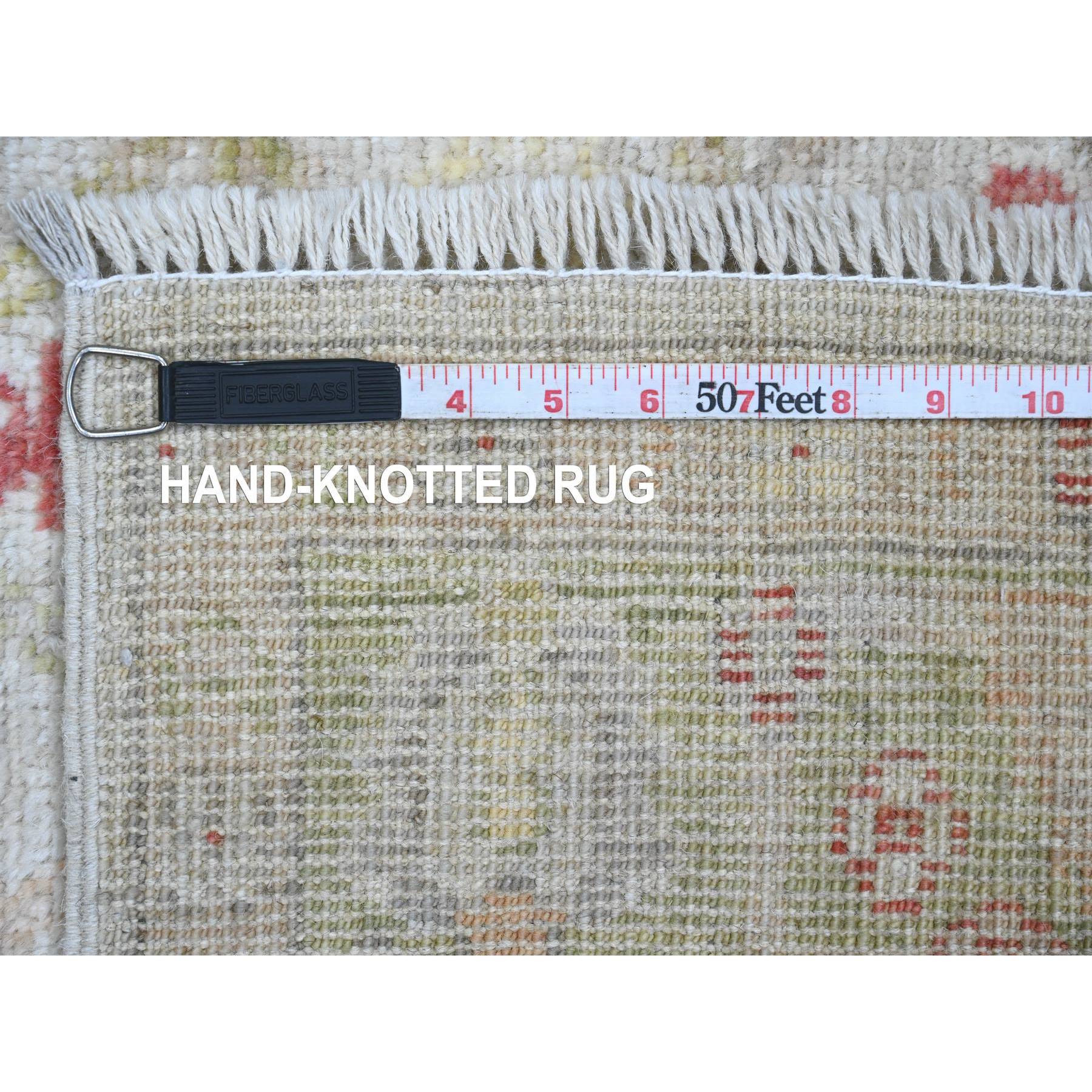 4'x11'9" Chiffon White, Hand Knotted, Afghan Angora Oushak with Colorful Leaf Pattern, Vegetable Dyes, 100% Wool, Wide Runner, Oriental Rug Sh20600