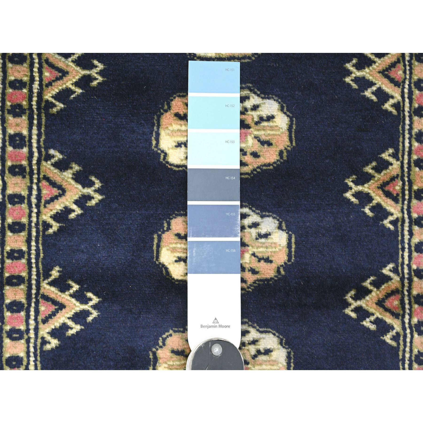 2'6"x16'10" Midnight Blue, Mori Bokara with Geometric Medallions Design, Soft Wool, Hand Knotted, XL Runner, Oriental Rug Sh20608